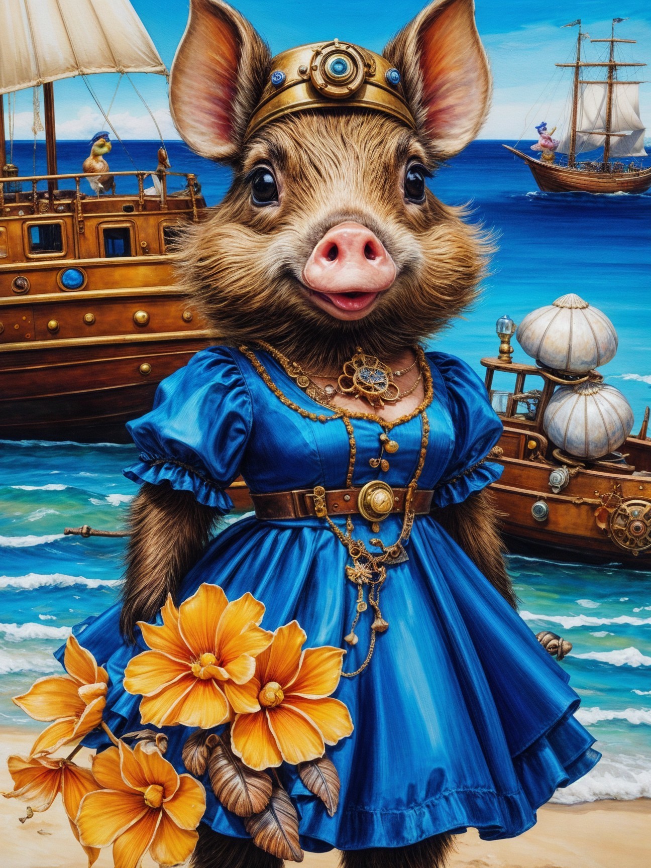 Whimsical Pig in Blue Gown on Beach with Ships