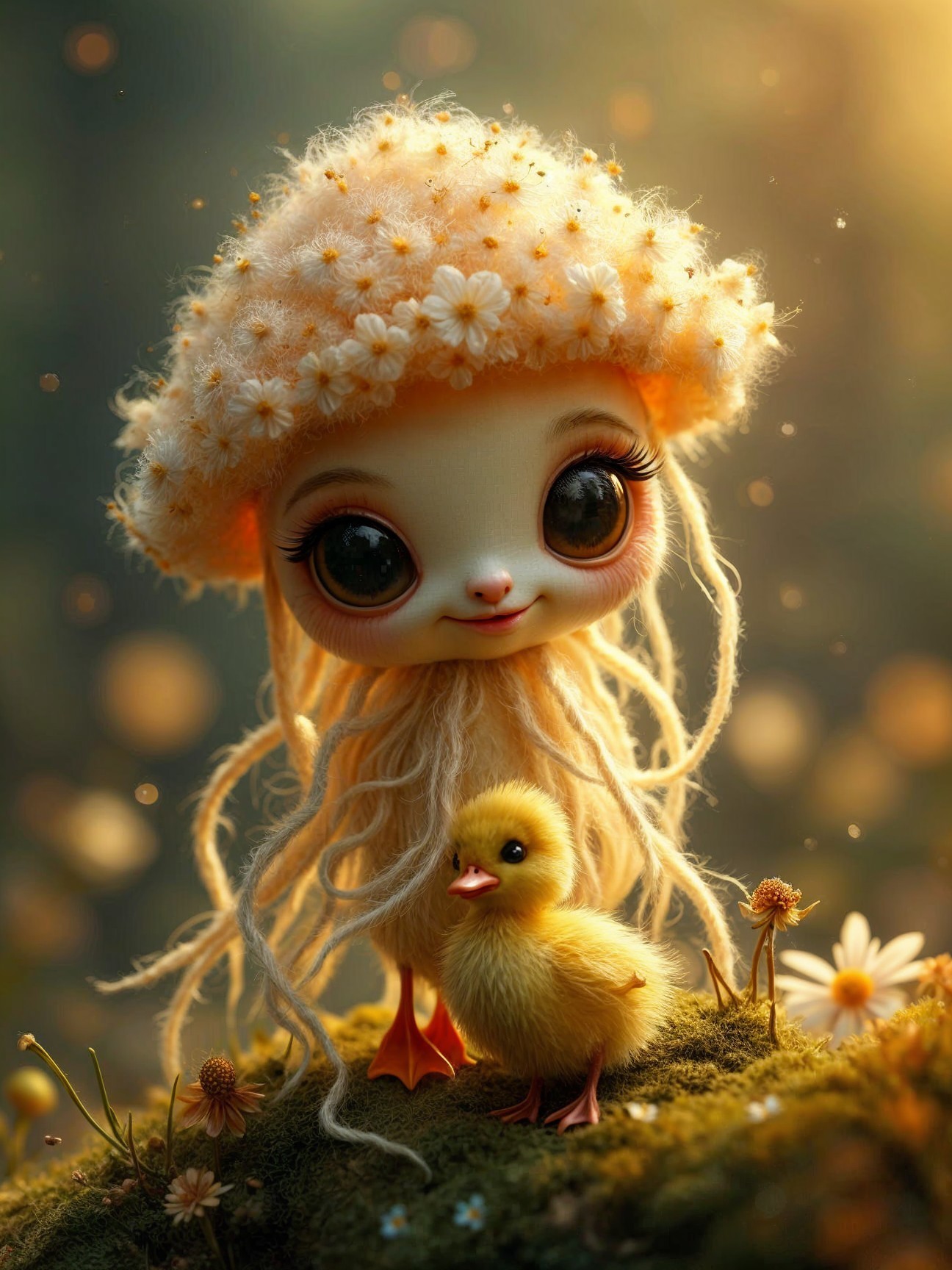 Whimsical Jellyfish Creature and Duckling in Nature