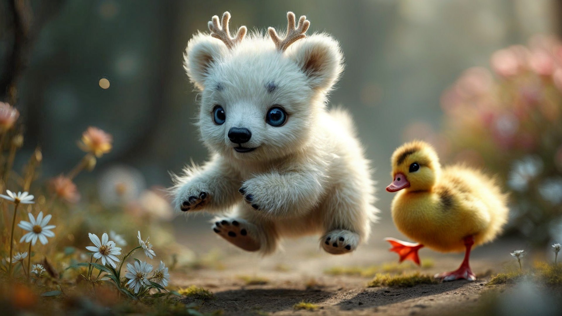 Fluffy Bear Cub and Duckling in Sunlit Forest Path