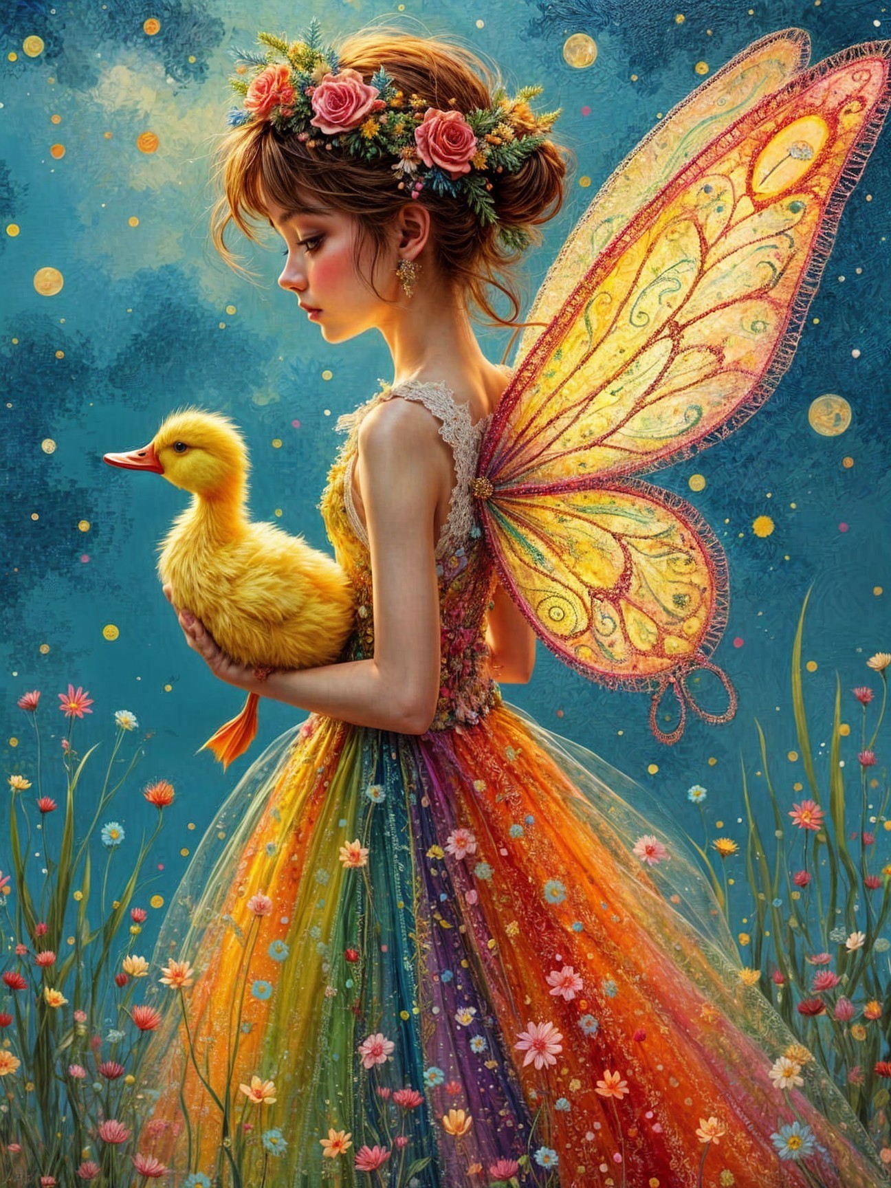 Whimsical Fairy Girl Among Vibrant Flowers and Lights