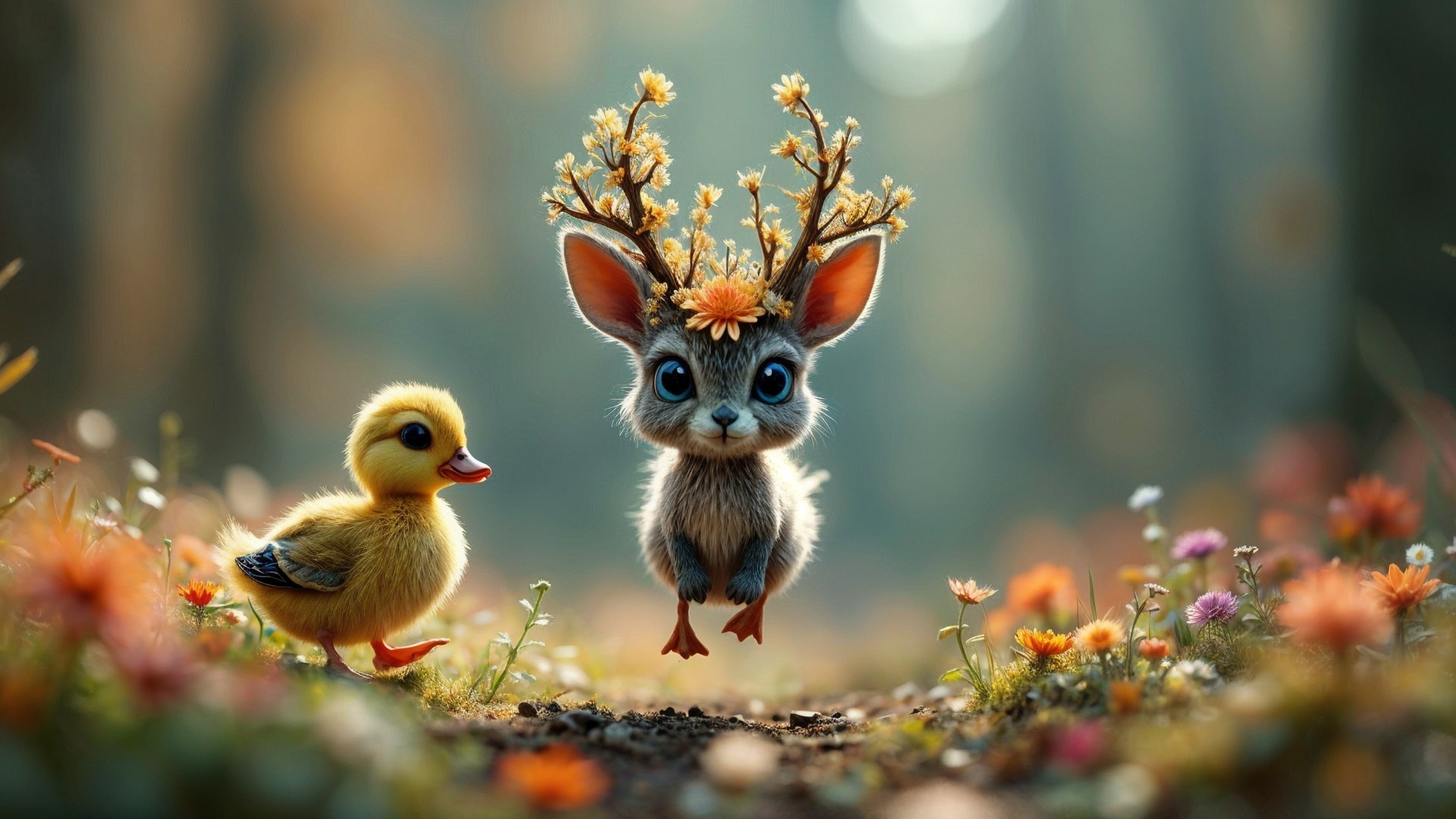 Whimsical Forest Scene with Deer and Duckling