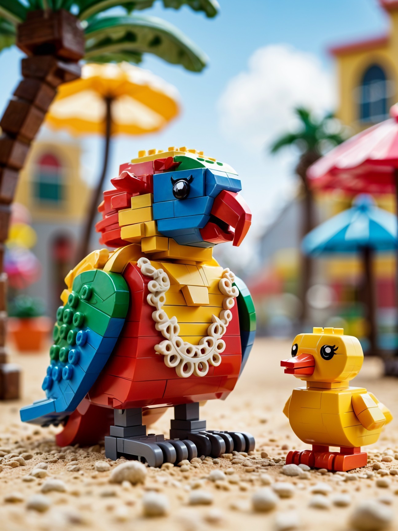 Colorful LEGO Parrot and Duckling in Tropical Scene