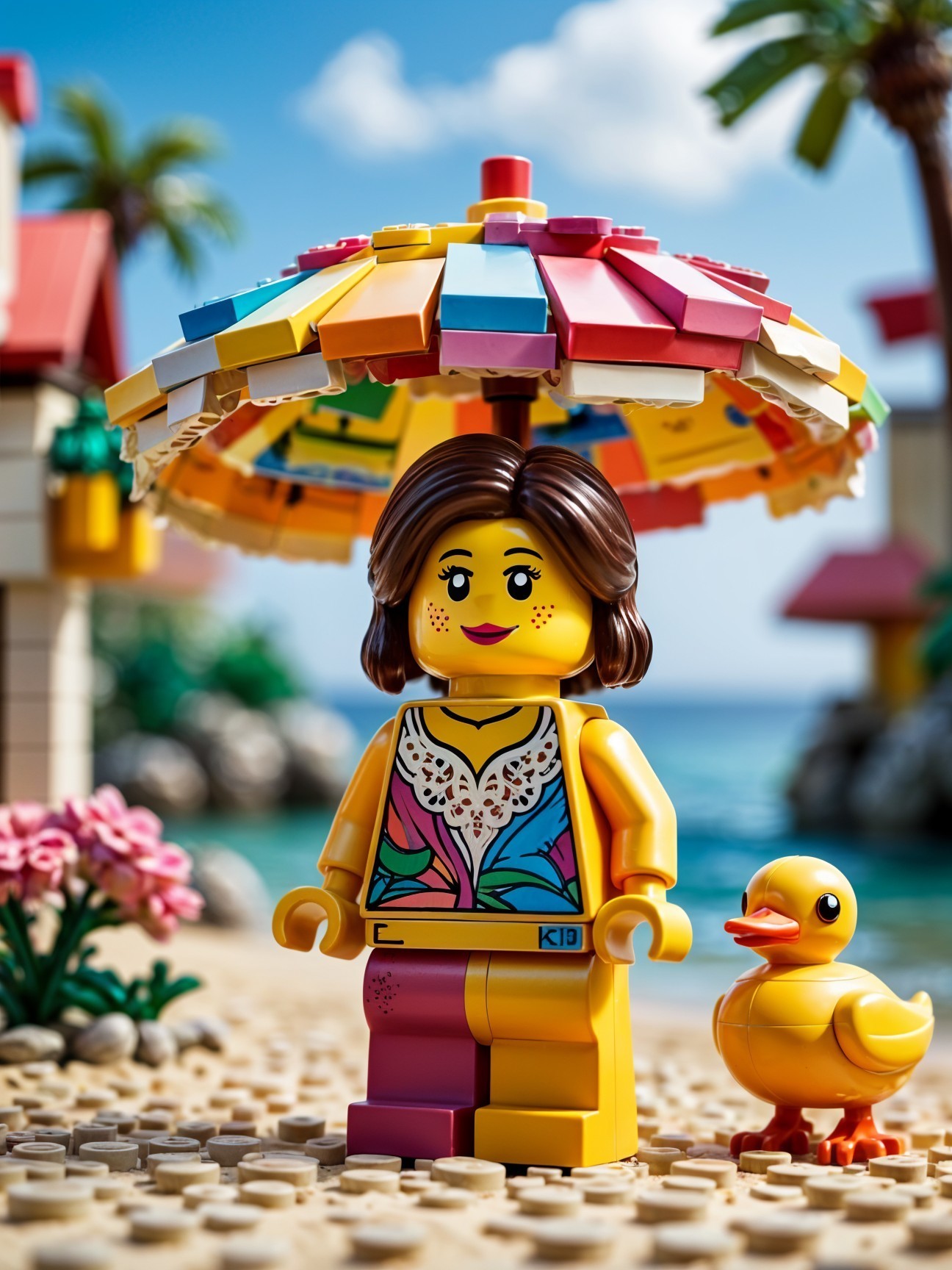LEGO Beach Scene with Colorful Umbrella and Palm Trees
