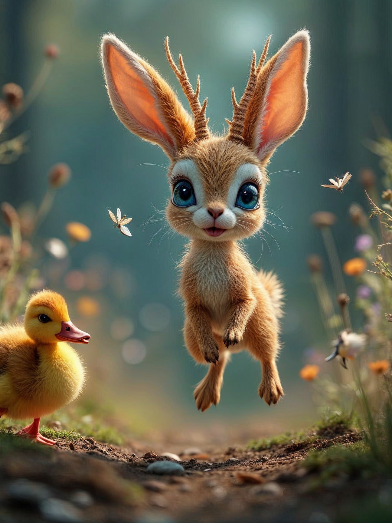 Playful Rabbit-like Creature in Vibrant Meadow Scene
