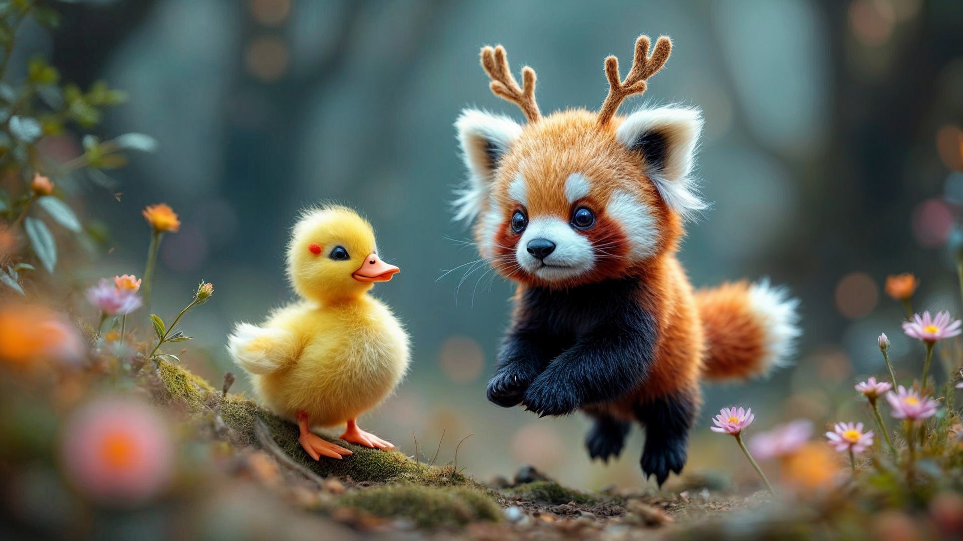Red Panda and Duckling in a Whimsical Forest Scene