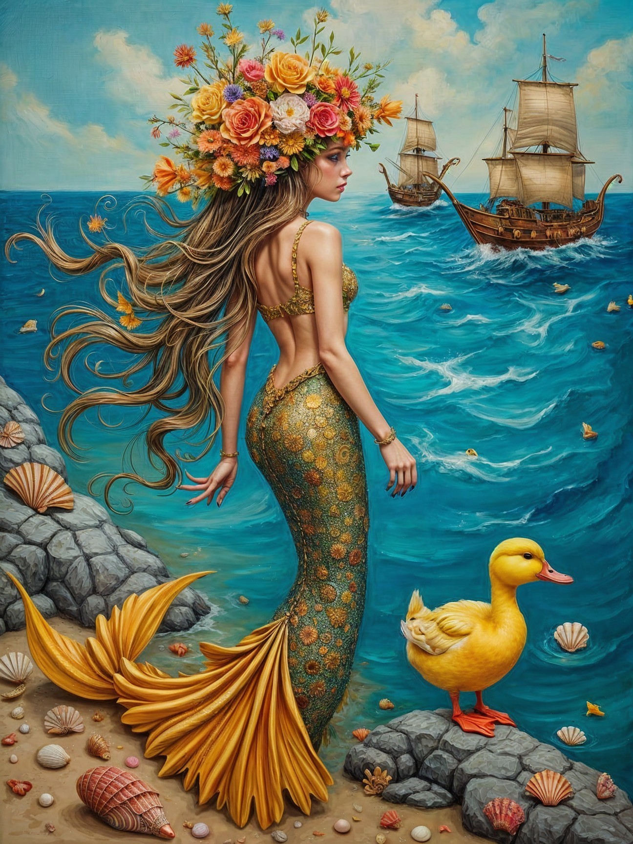 Whimsical Mermaid with Duck on Rocky Shoreline