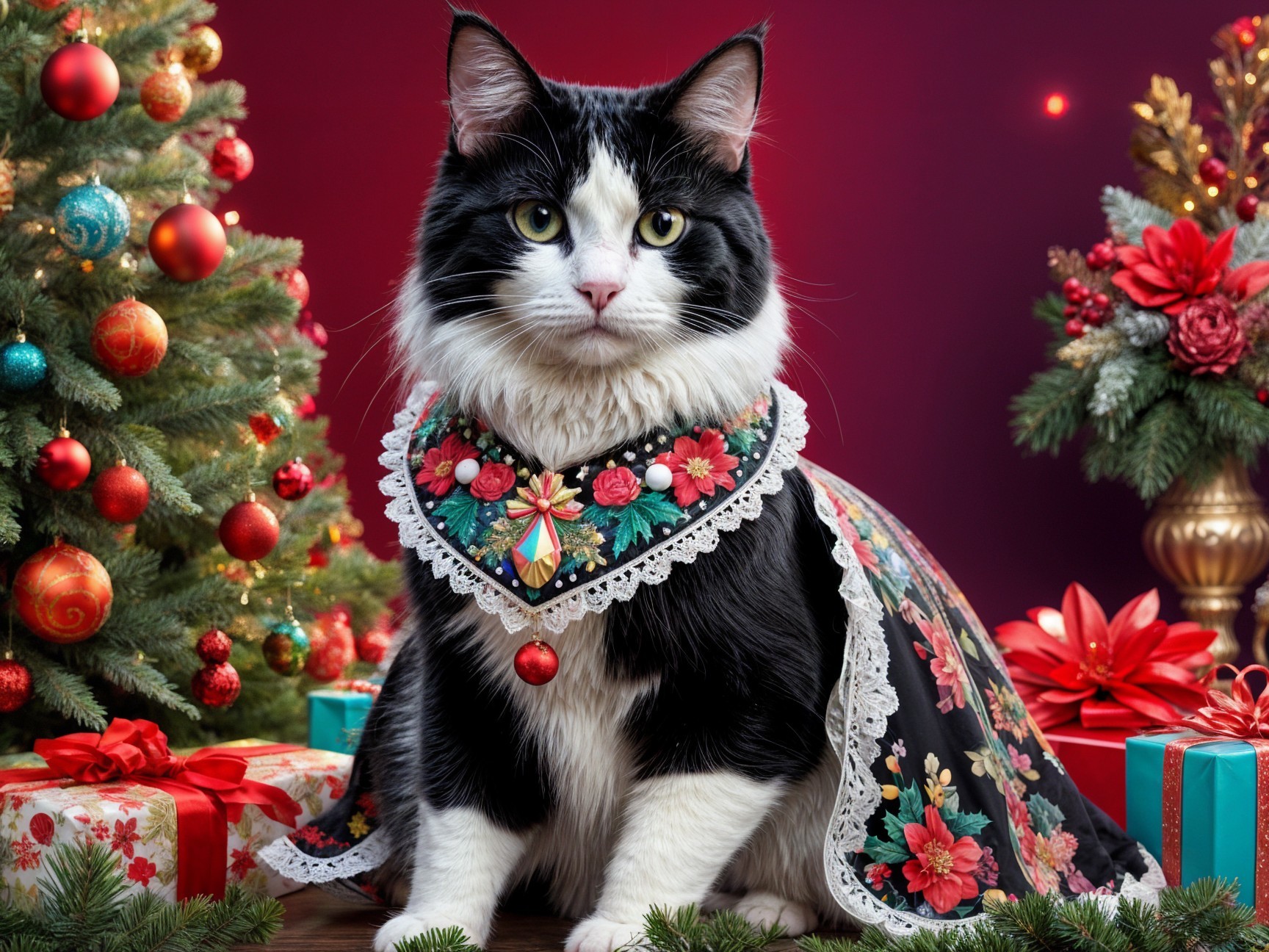 Black and white cat in floral dress by Christmas tree