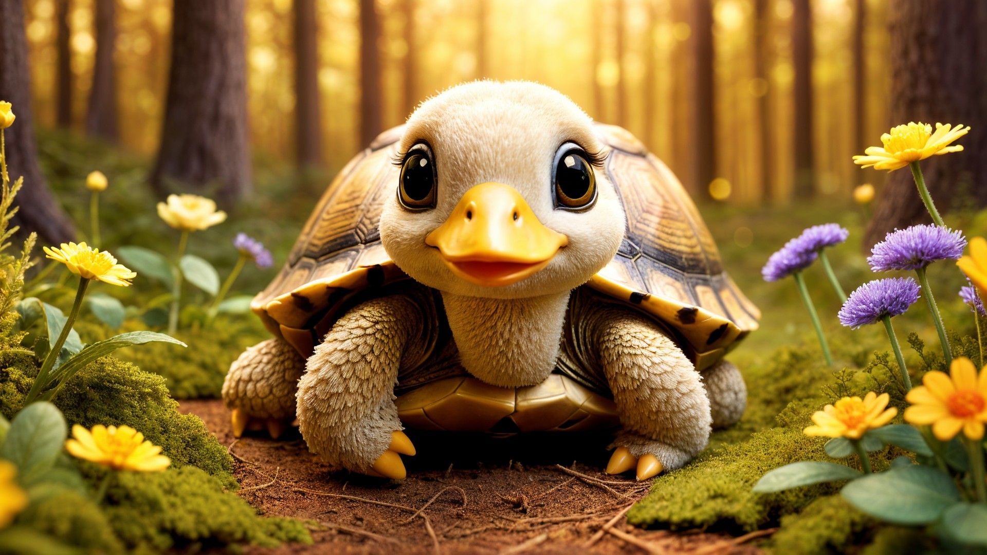 Whimsical Turtle-Duckling in a Sunlit Forest Scene