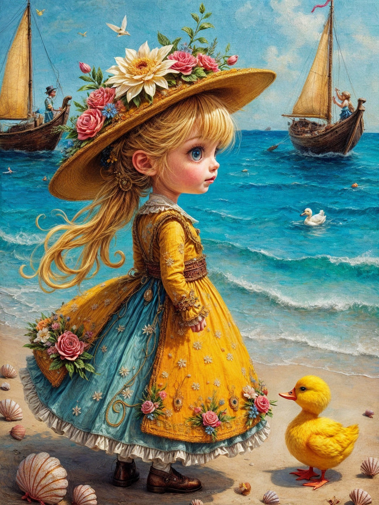 Whimsical Seaside Scene with Young Girl and Duckling