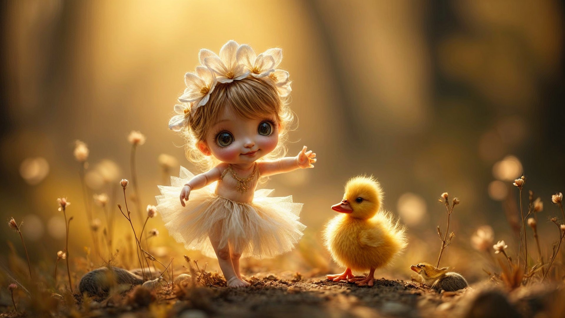 Whimsical Doll with Duckling in Enchanted Forest Scene