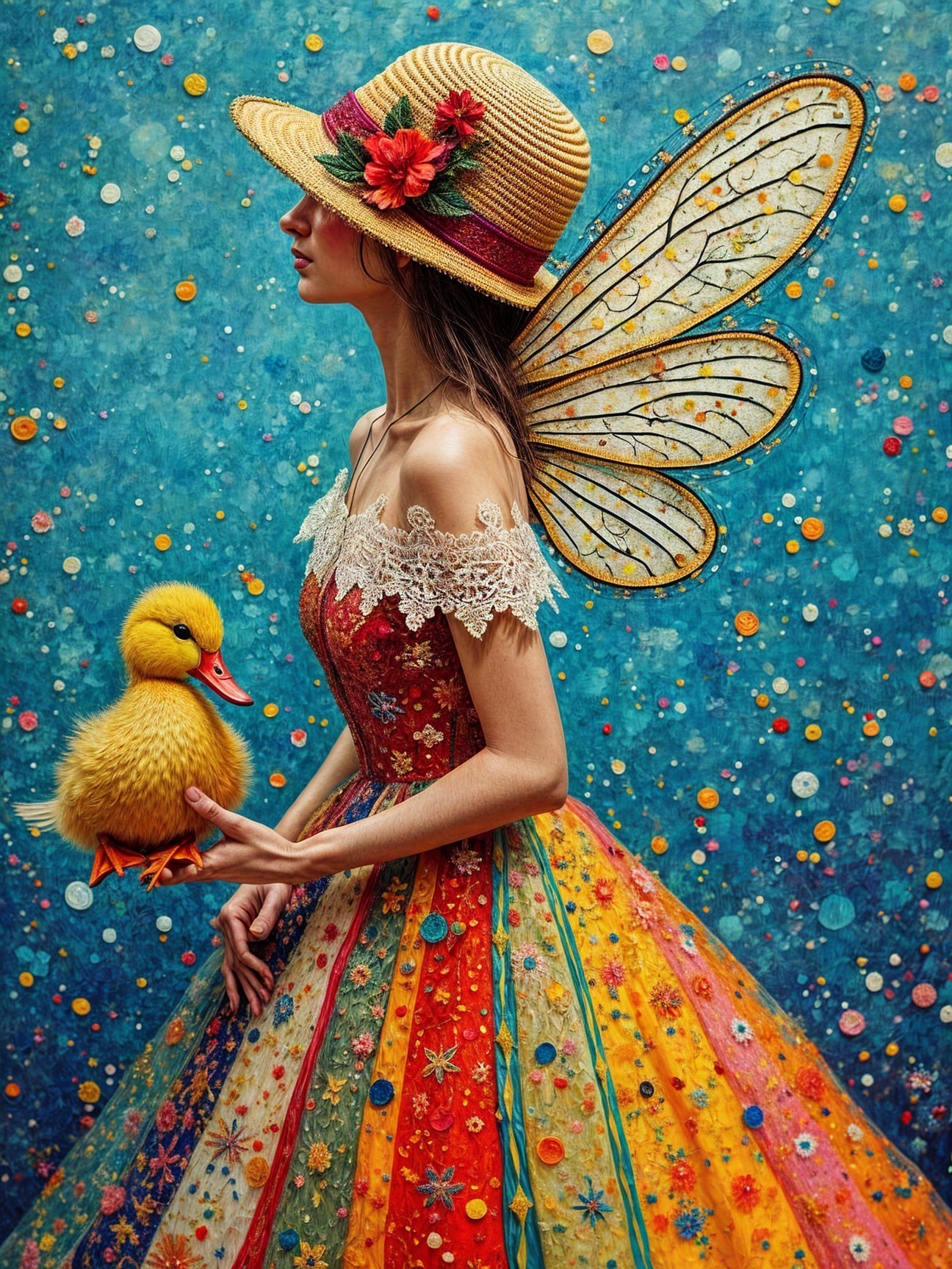 Whimsical Scene of Woman in Colorful Gown and Wings