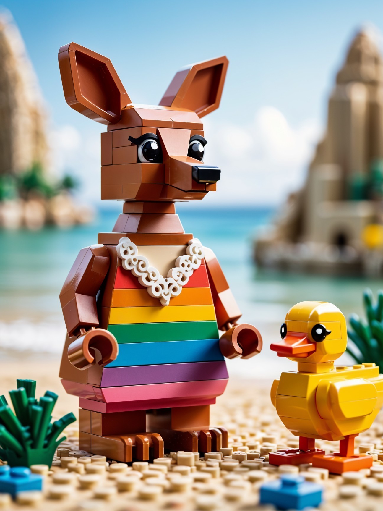Colorful LEGO Kangaroo and Duck at a Beach Scene