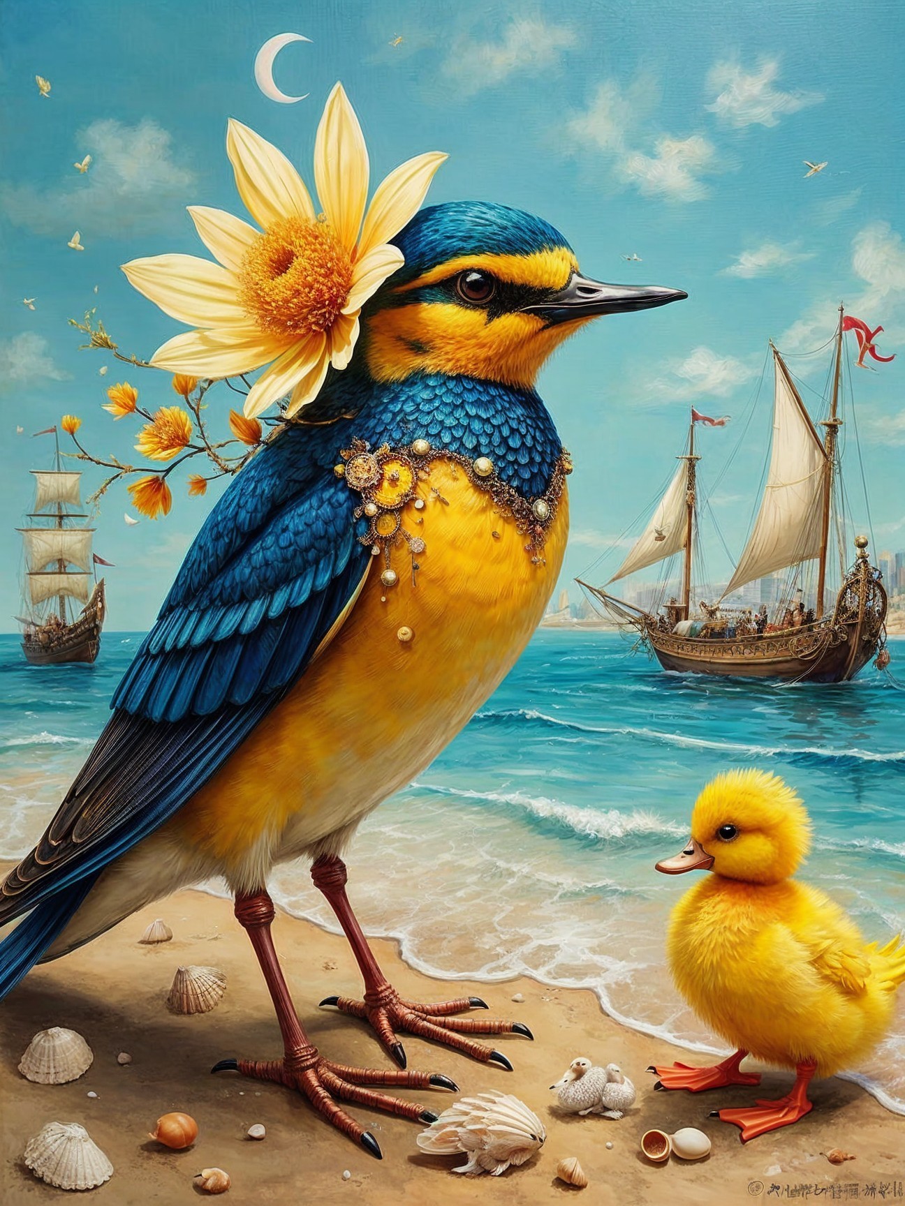 Vibrant Blue and Yellow Bird on a Beach Scene