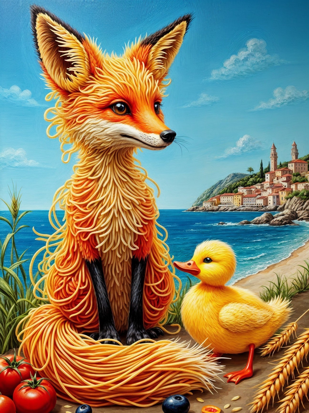 Whimsical Beach Scene with Fox and Duckling