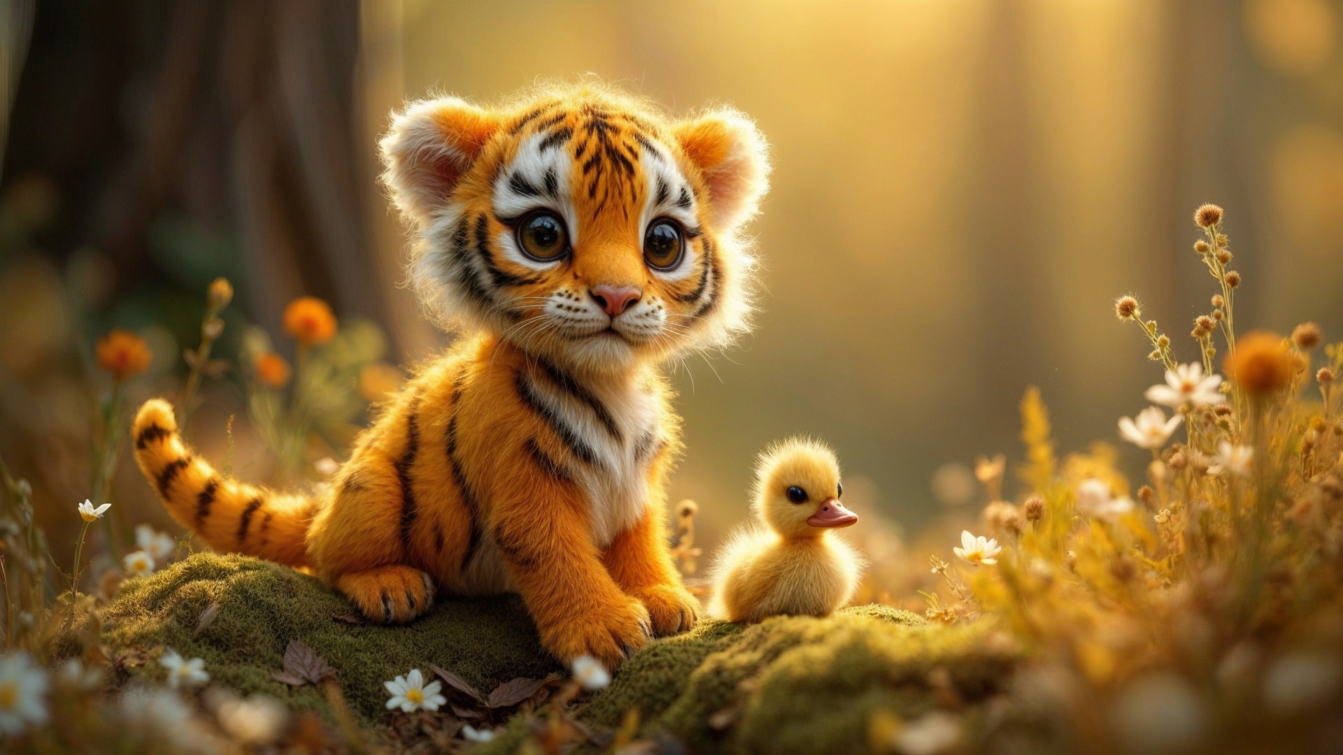 Plush Baby Tiger and Duckling in Sunlit Clearing