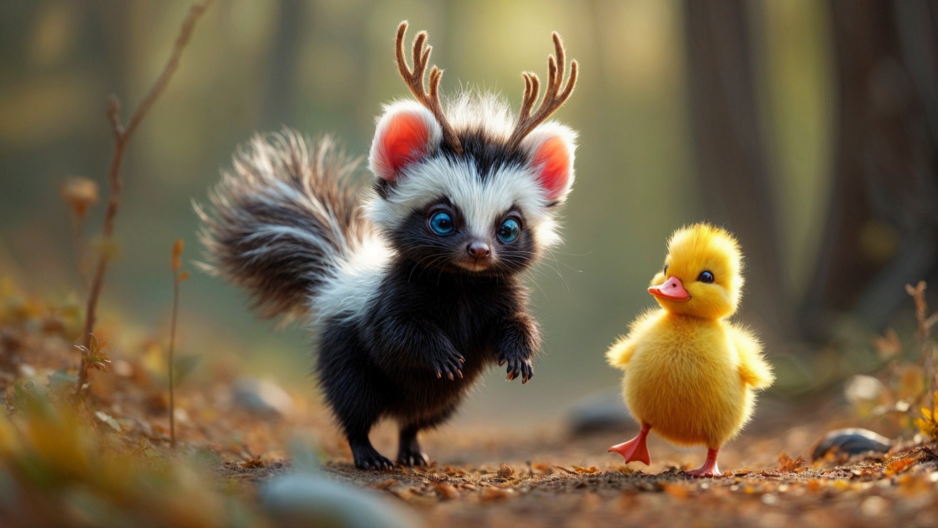 Whimsical Forest Scene with Playful Creatures