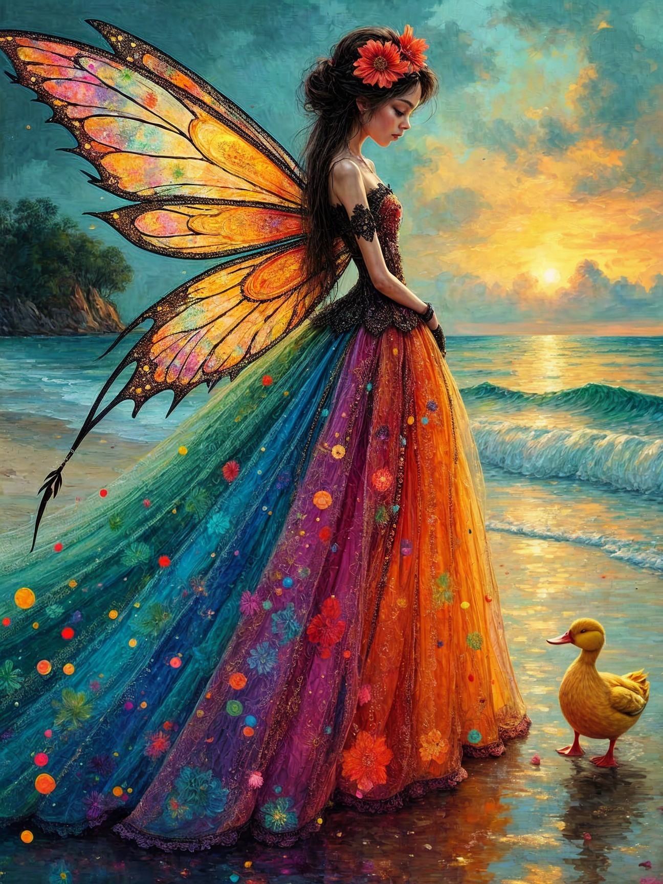 Ethereal figure in floral gown by serene beach sunset