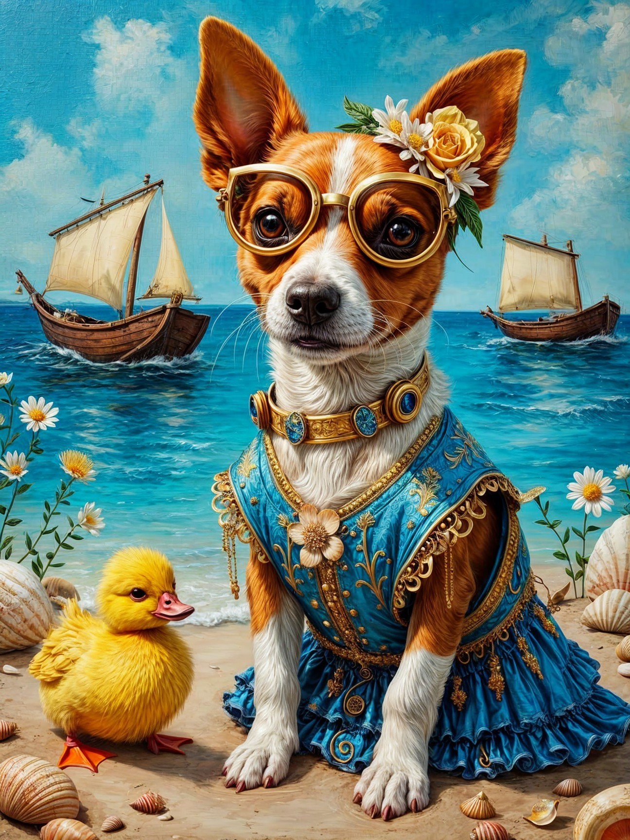 Stylish dog in glasses and dress on beach with duckling