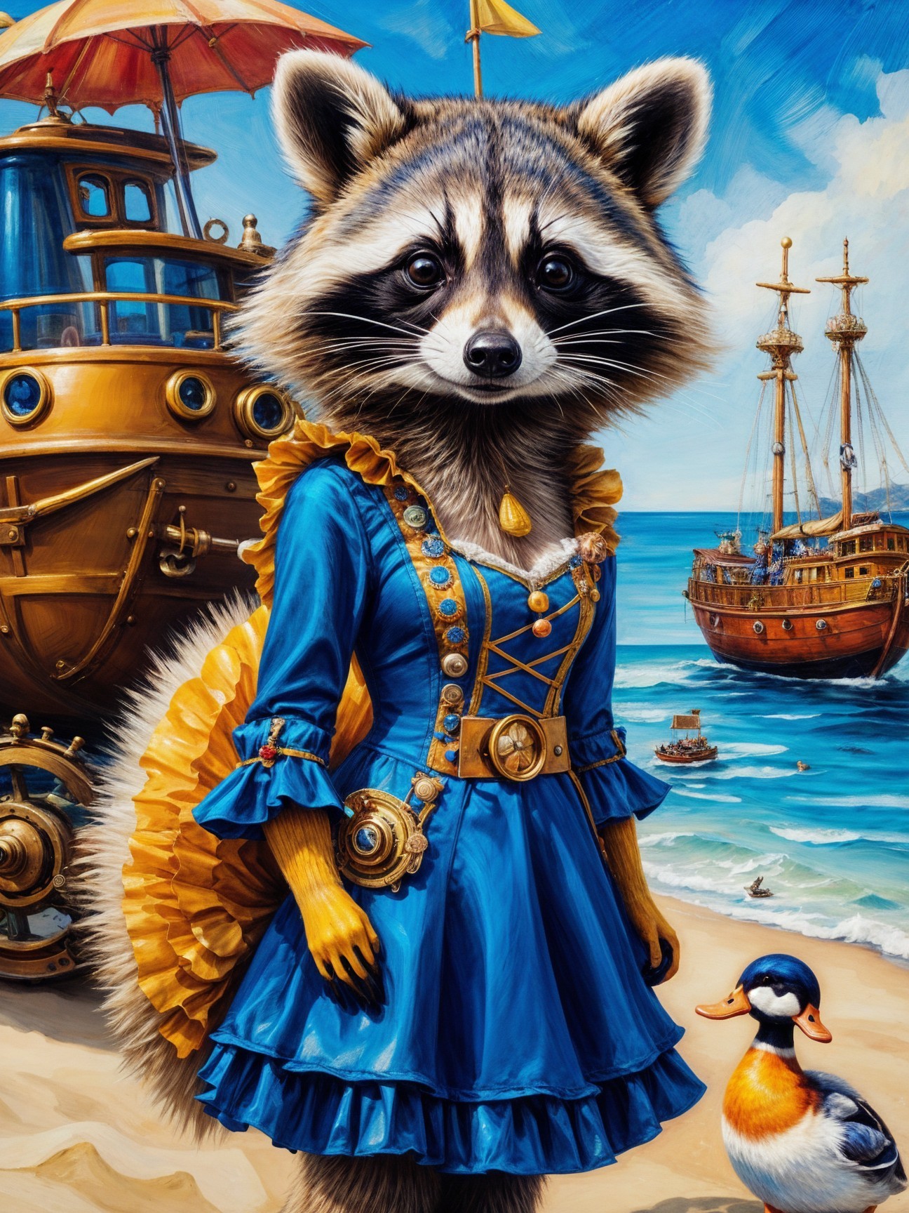 Whimsical raccoon in blue dress at beach scene