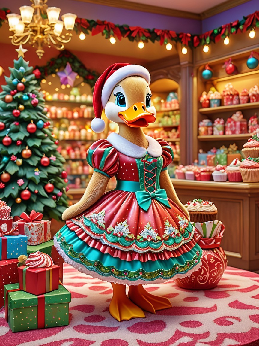 Festive Duck in Christmas Shop with Sweets and Decor