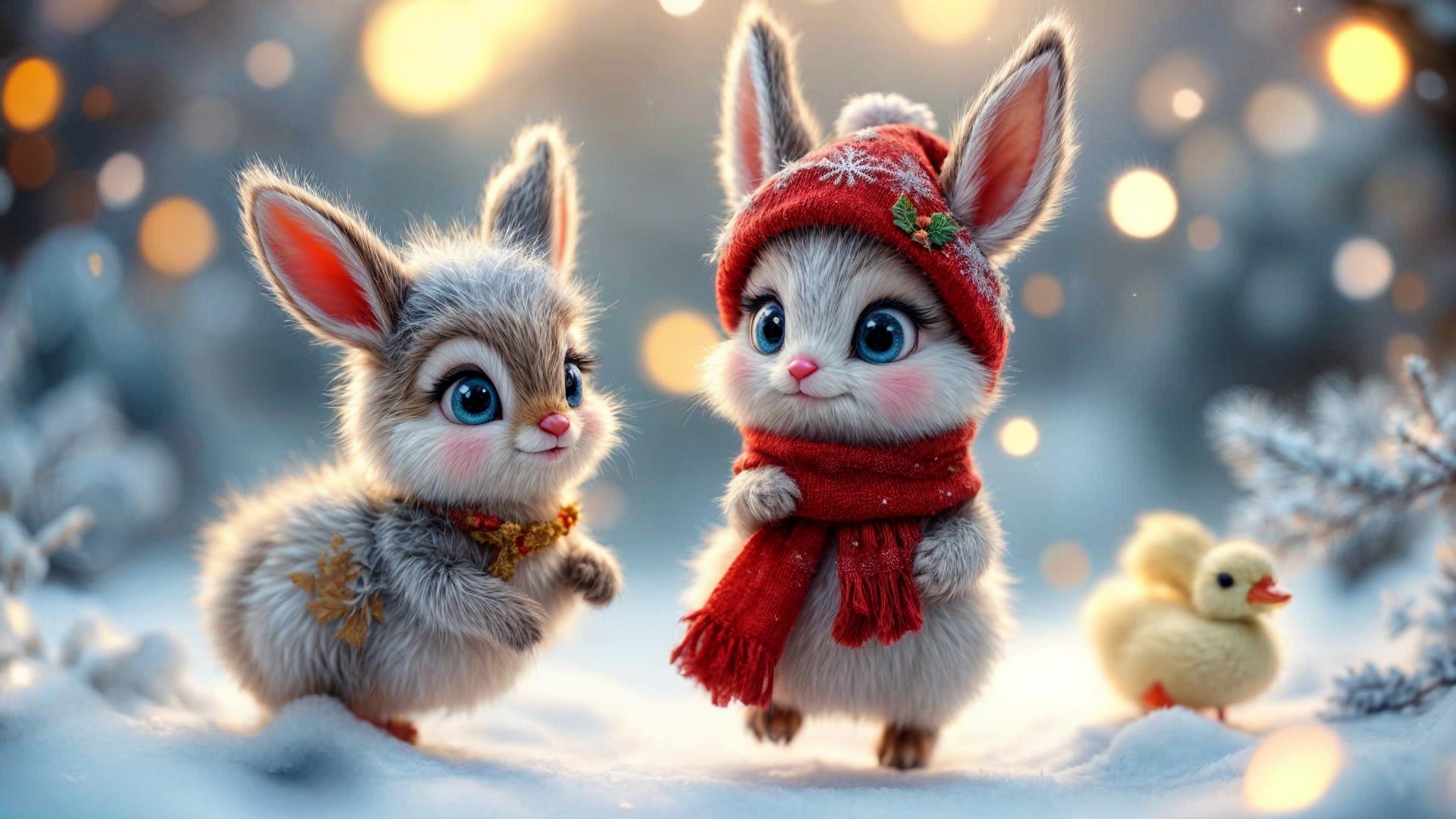 Fluffy Rabbits Playing in a Snowy Winter Scene