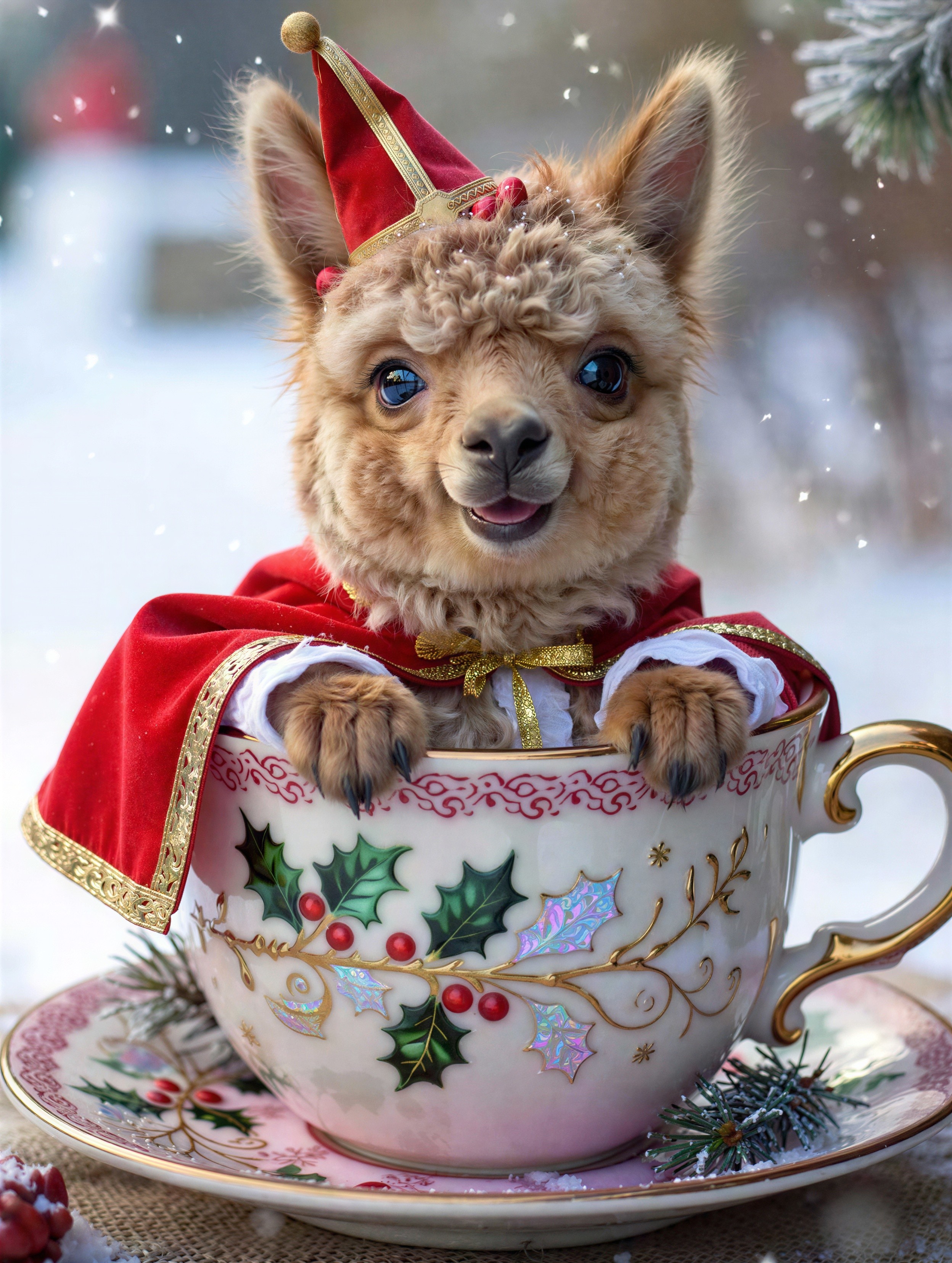 Fluffy Baby Alpaca in Teacup with Wizard Hat and Cloak