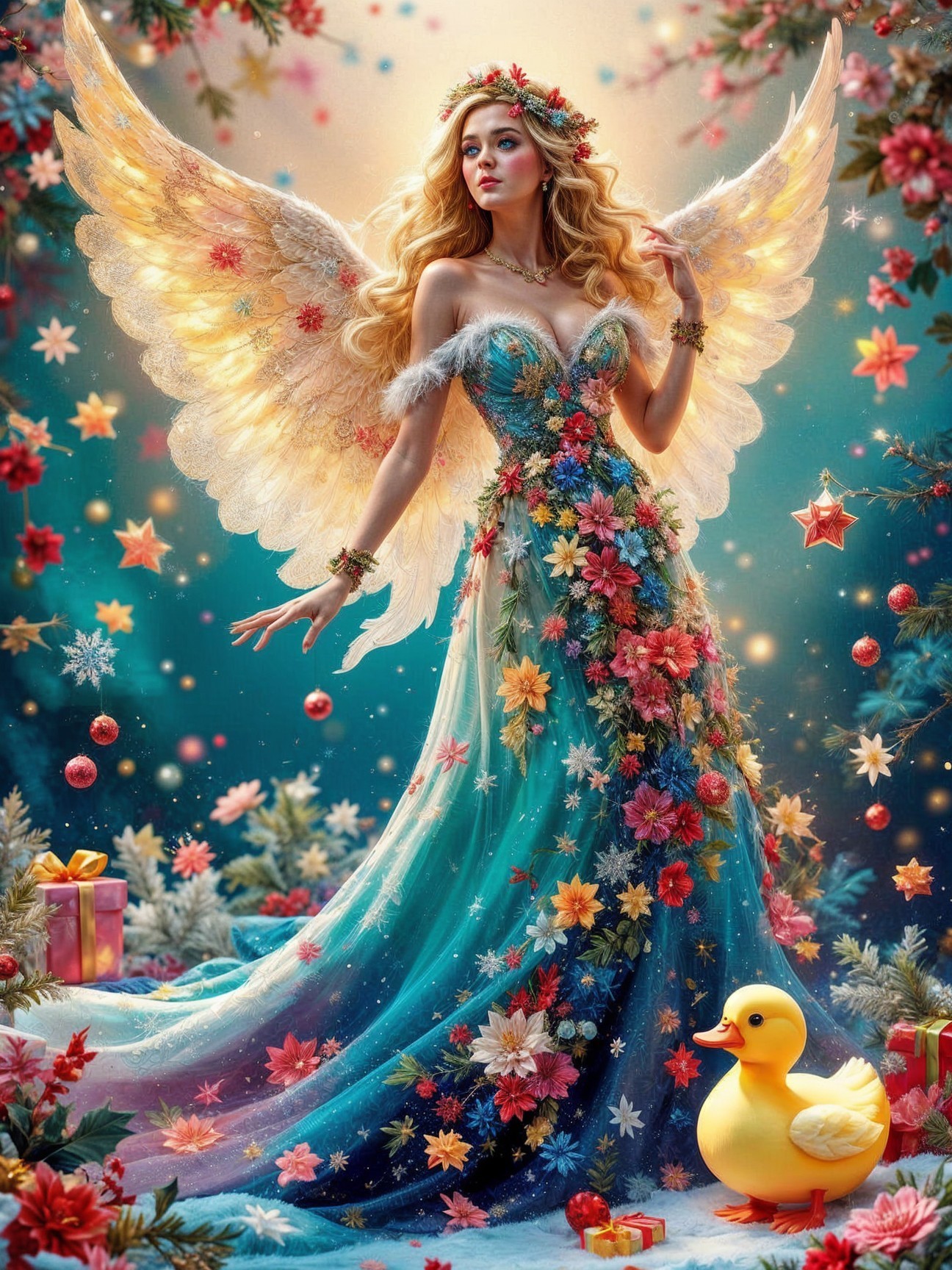 Ethereal figure with wings in vibrant enchanted landscape