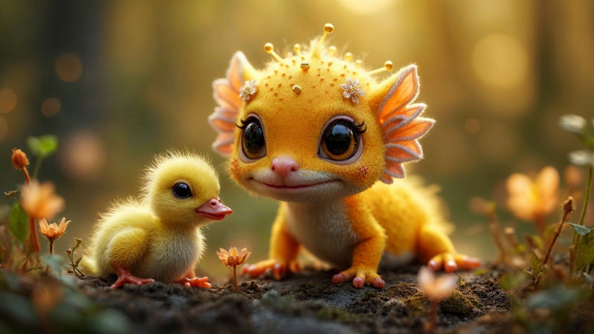 Whimsical Forest Scene with Colorful Creatures and Flowers
