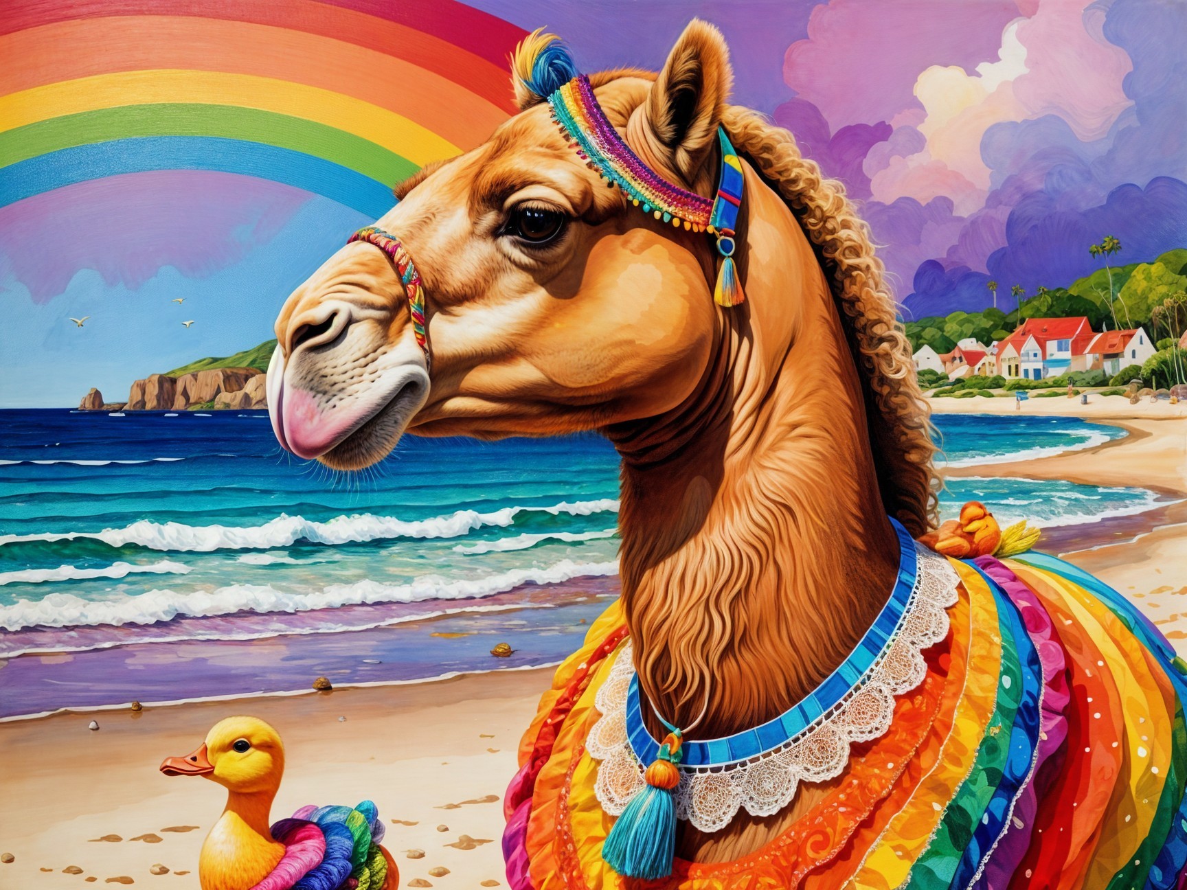 Colorful Camel and Rubber Duck at a Beach Scene