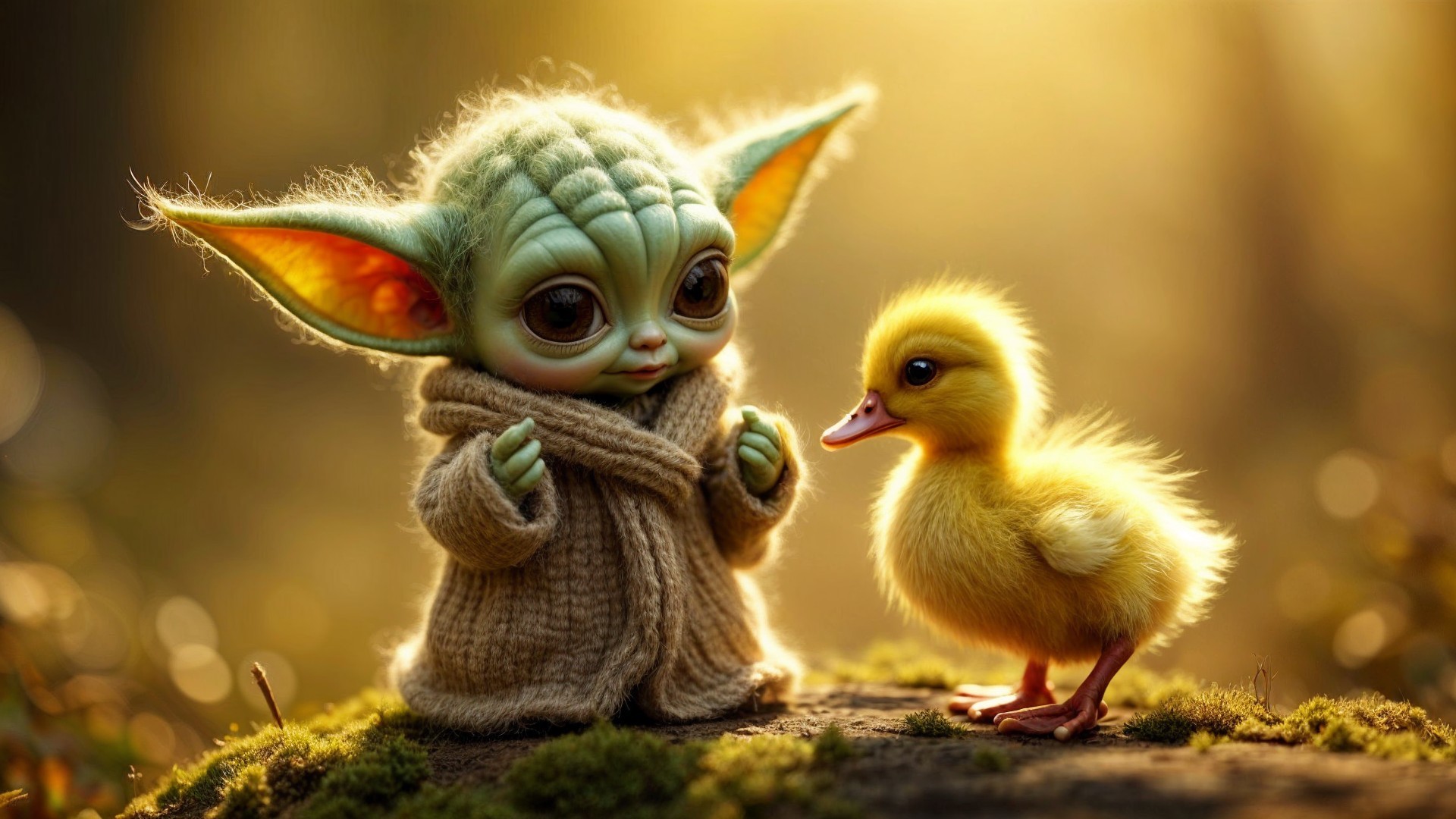 Woodland Scene with Cute Green Character and Duckling