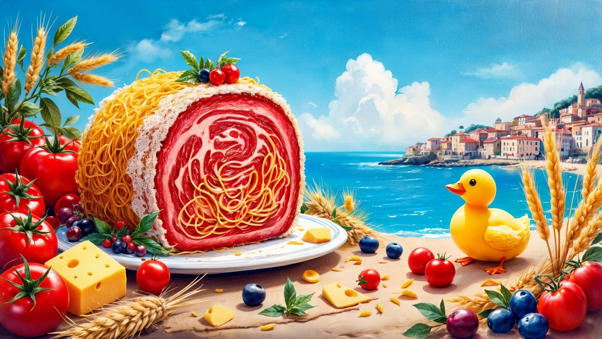 Whimsical Spiral Cake Scene with Seaside Village