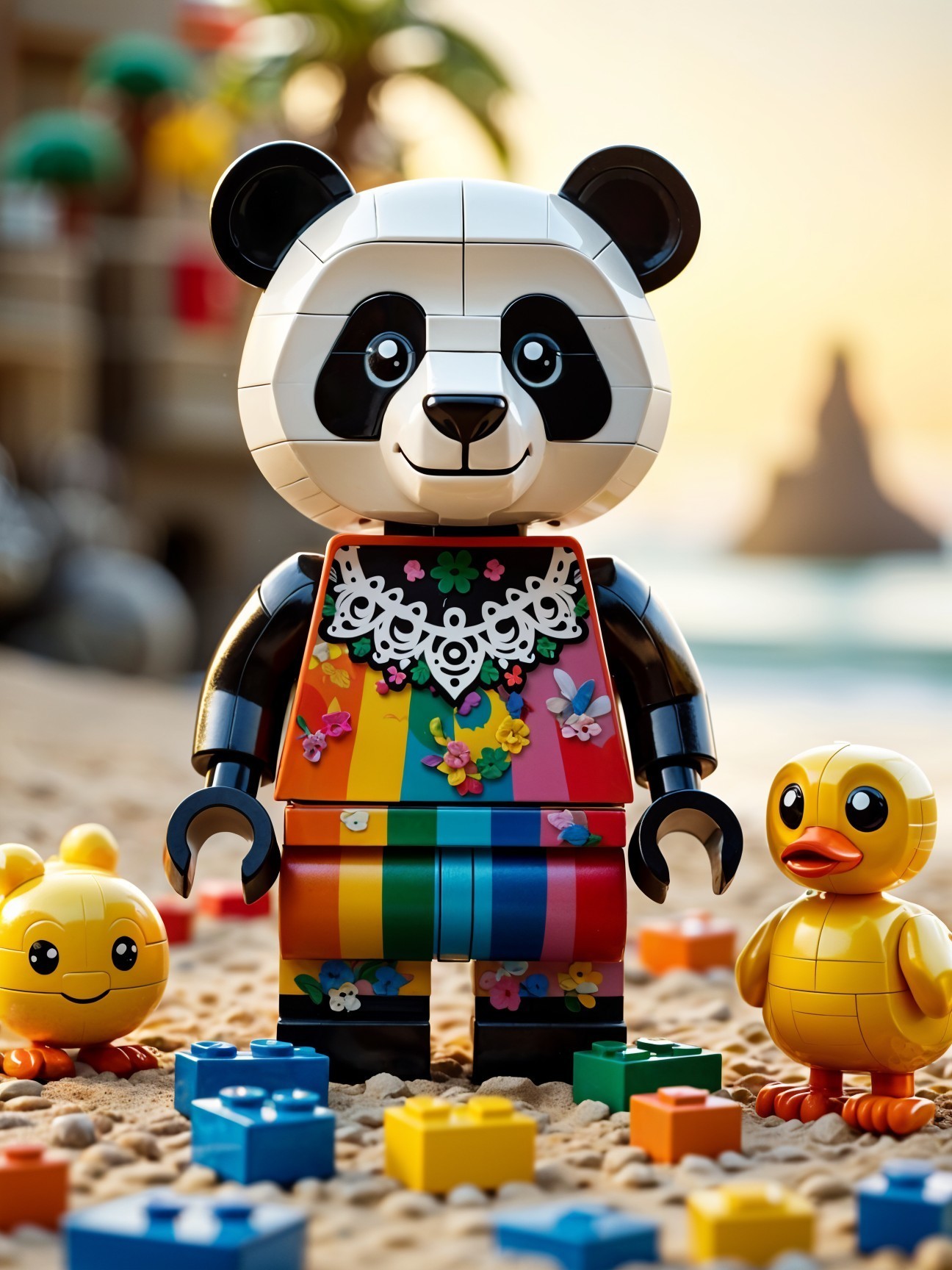 Colorful LEGO Panda and Ducks on Sandy Beach Scene