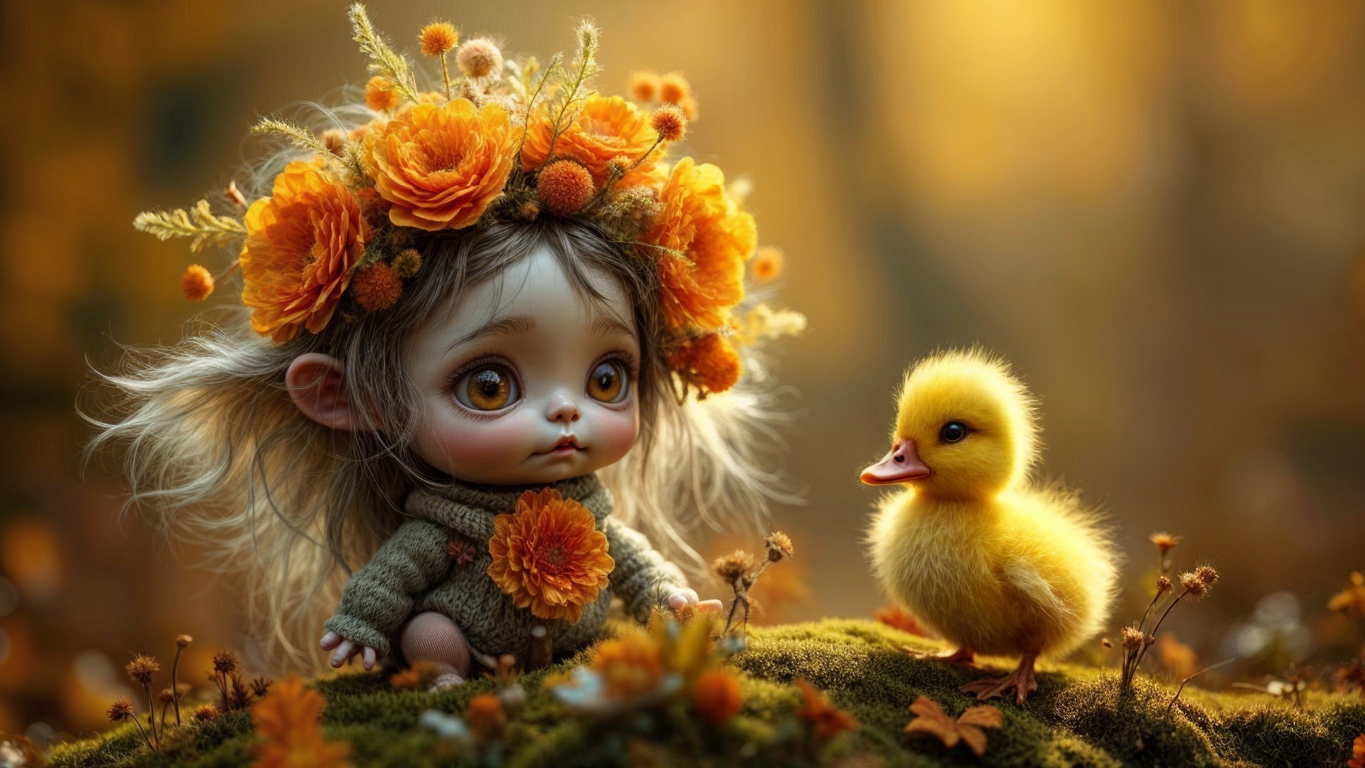 Whimsical Doll with Flowers and Duckling in Nature