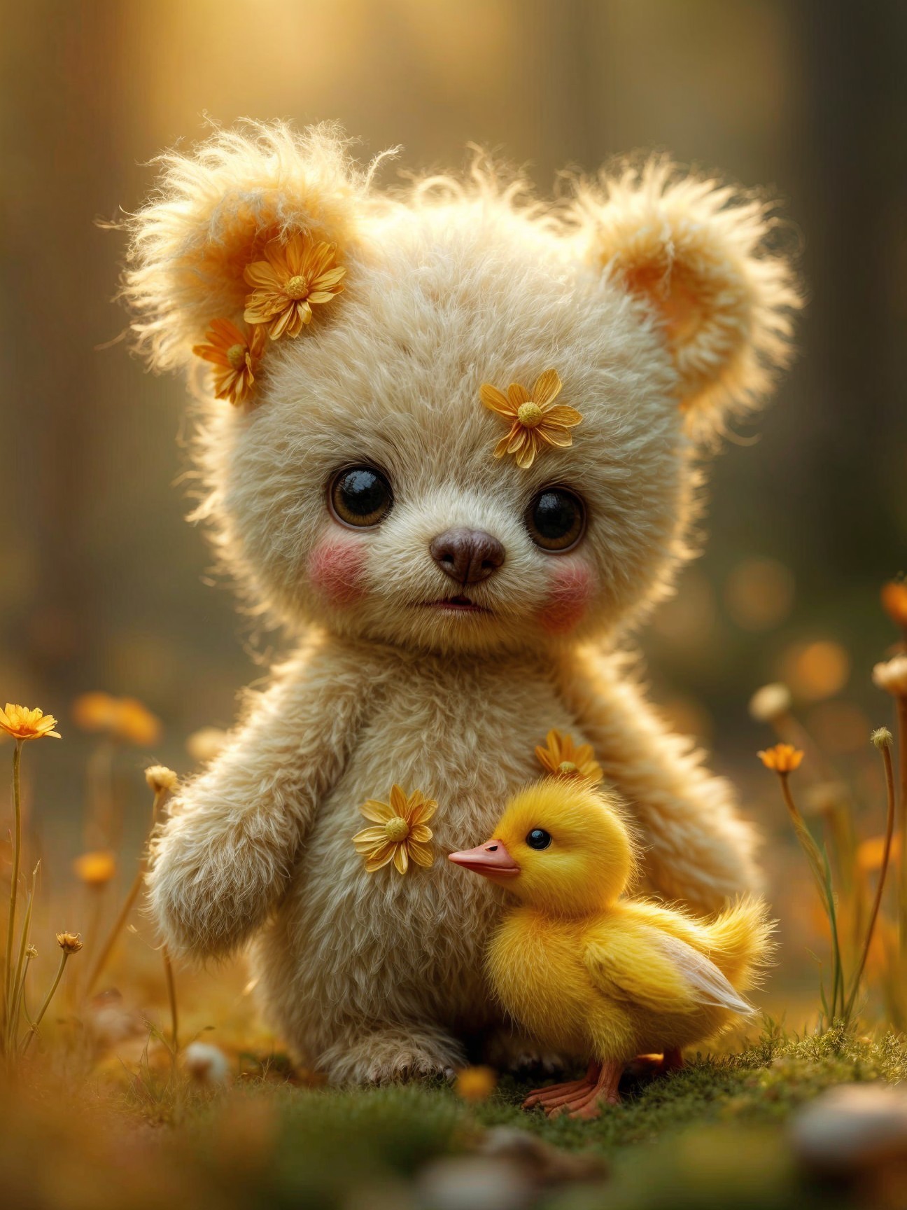 Whimsical Forest Scene with Teddy Bear and Duckling