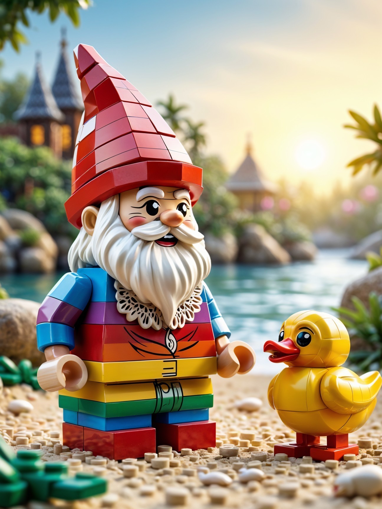 Whimsical LEGO Gnome on Beach with Rubber Duck