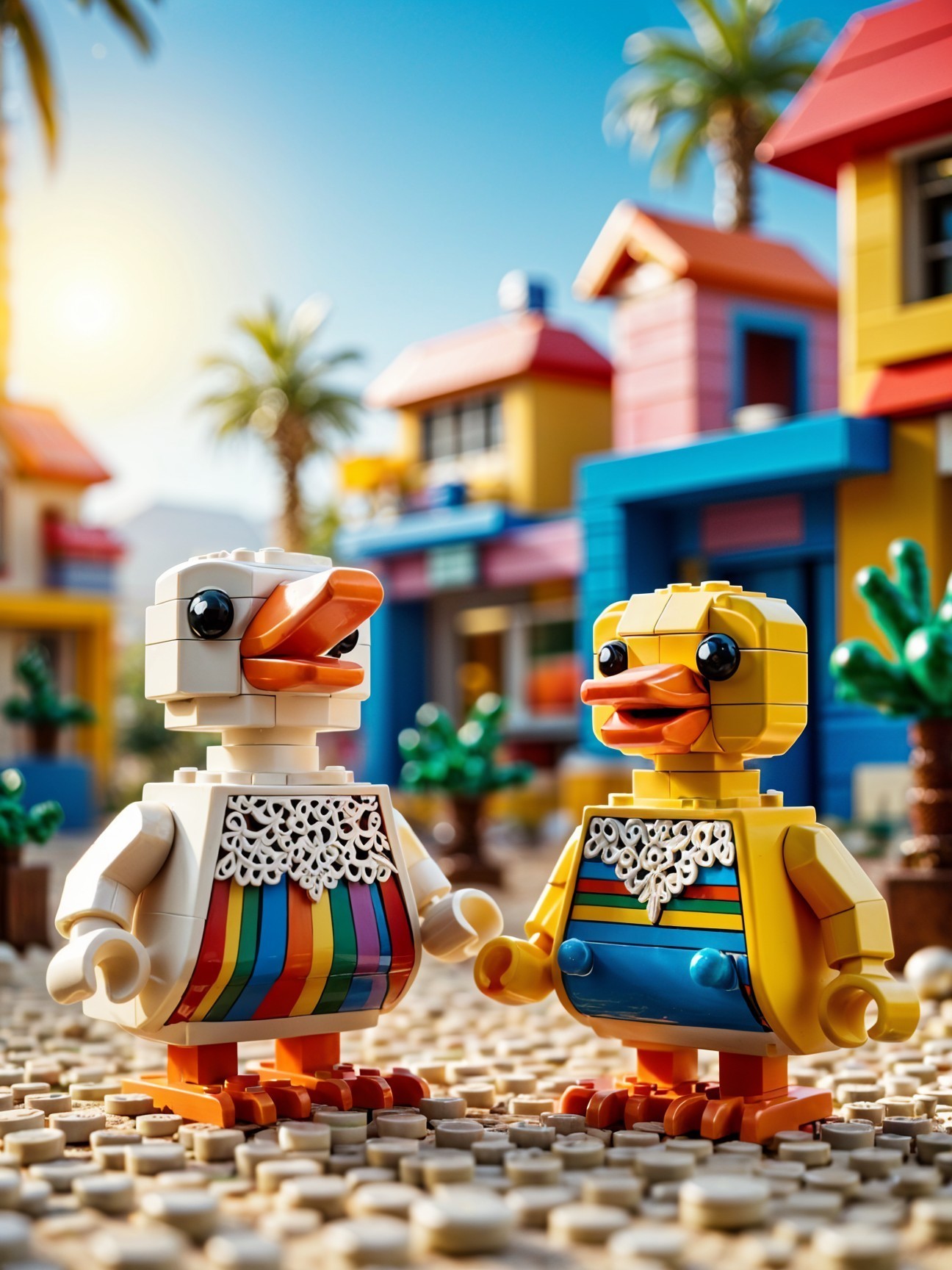Cheerful LEGO Duck Figures in Colorful Environment