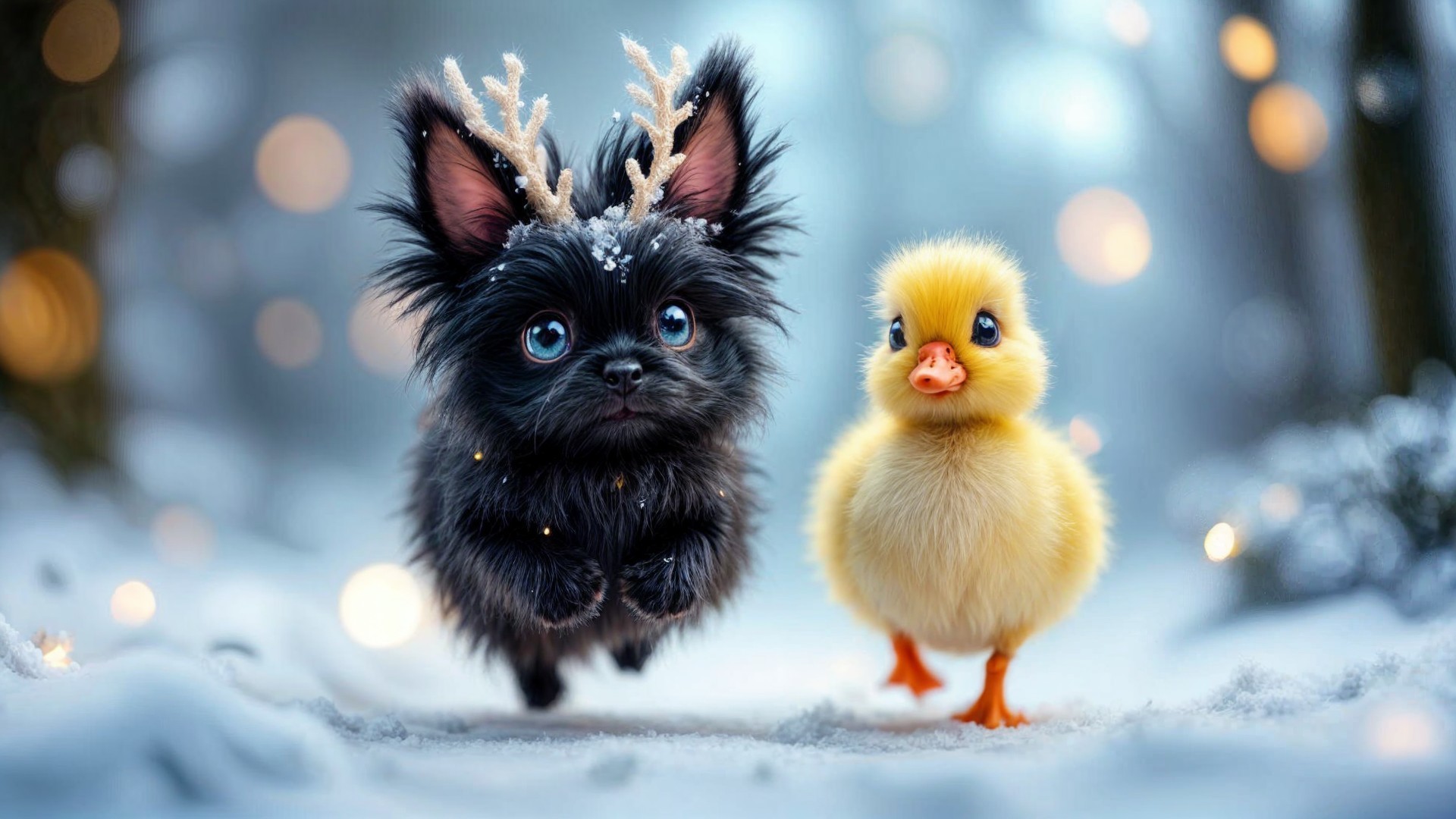 Fluffy Black Puppy and Yellow Duckling in Snowy Scene
