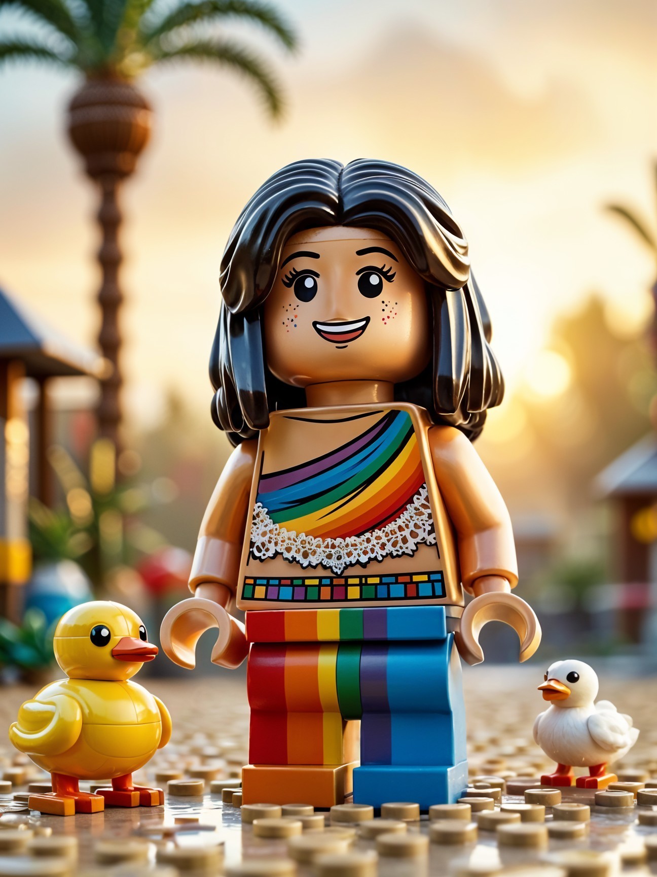 Cheerful LEGO Minifigure with Rainbow Outfit and Ducks