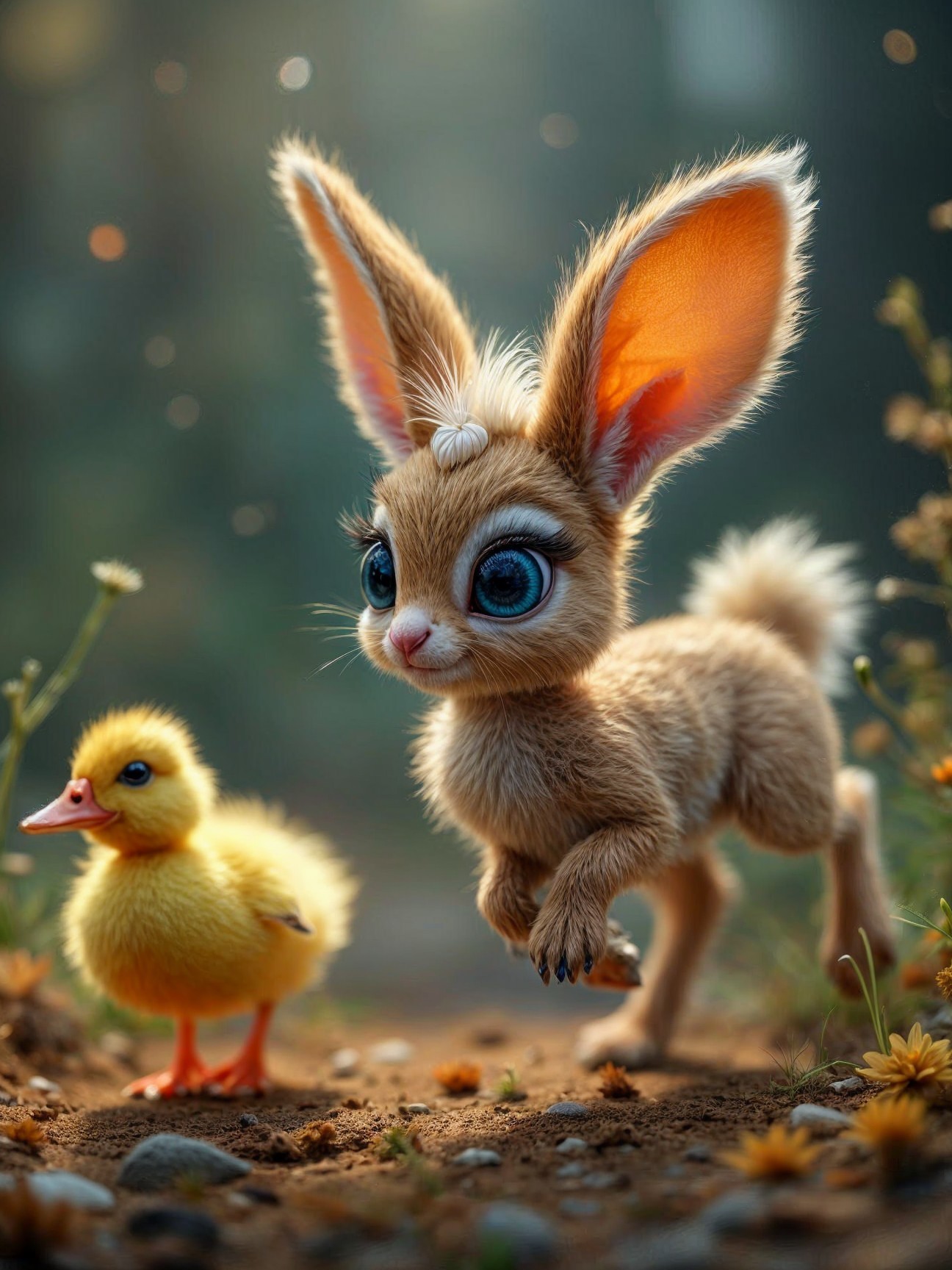 Whimsical Scene of Rabbit and Duckling in Meadow