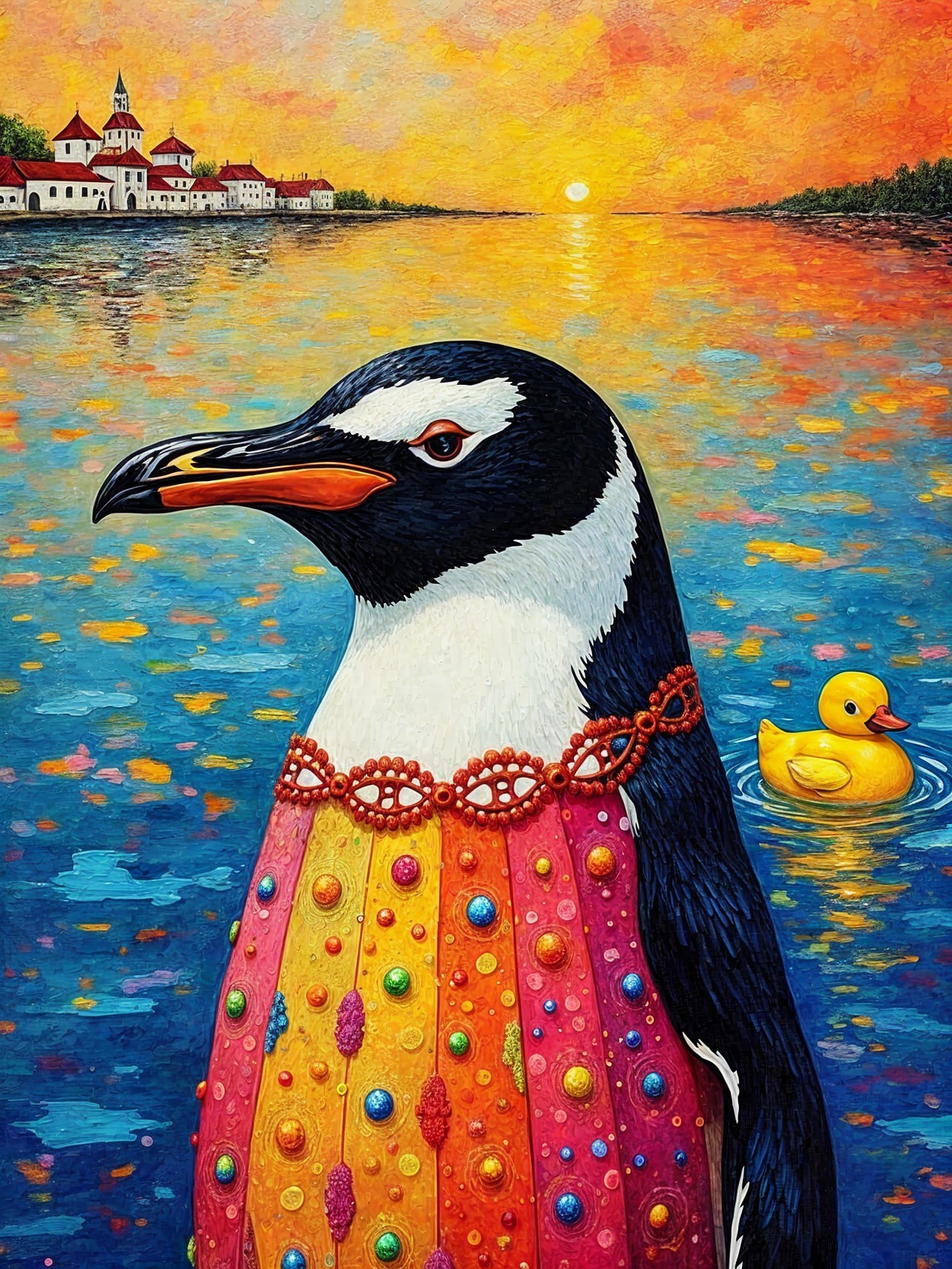 Surreal Artwork of a Penguin by Colorful Waterfront