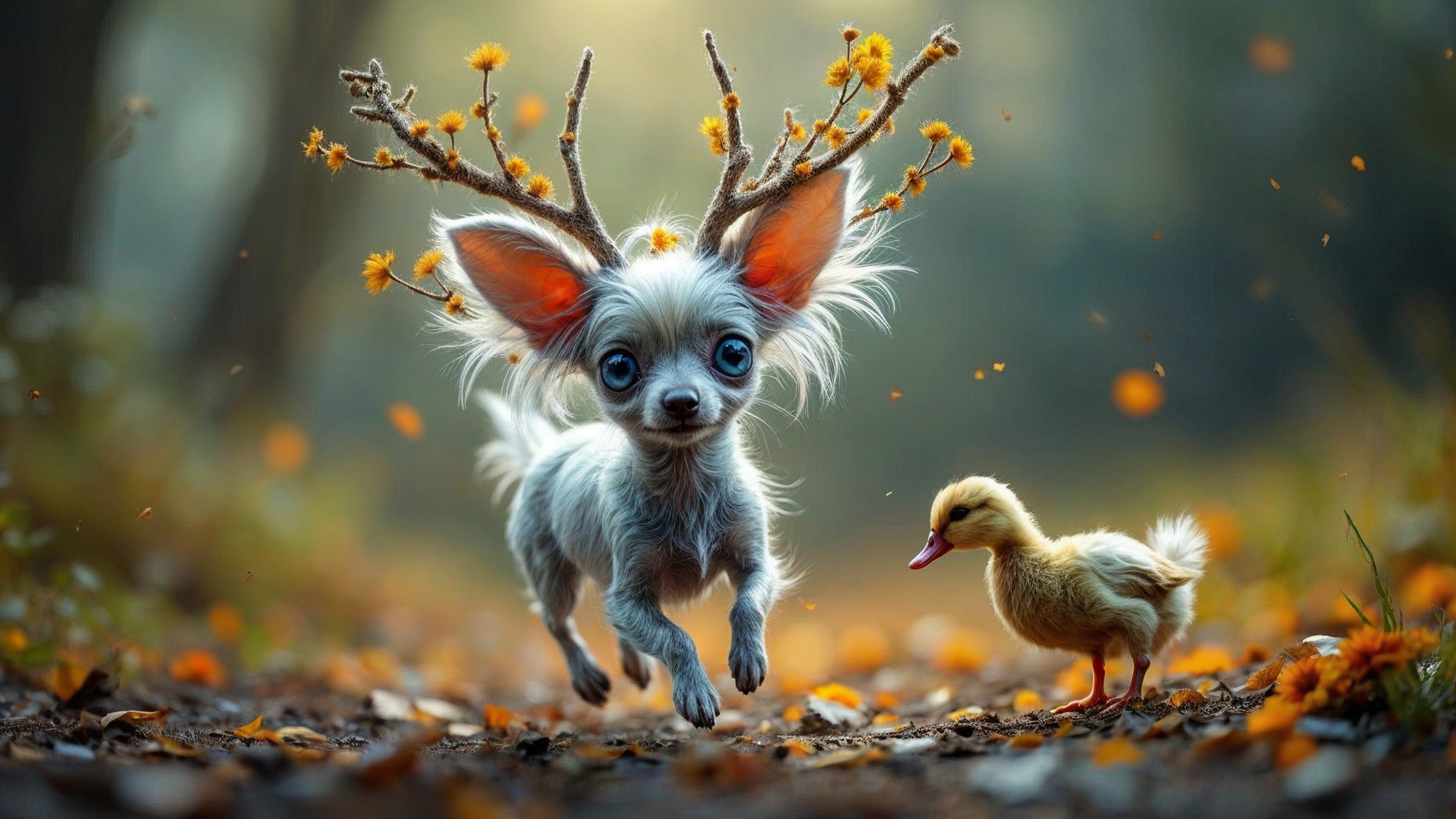 Whimsical Forest Scene with Dog and Duckling