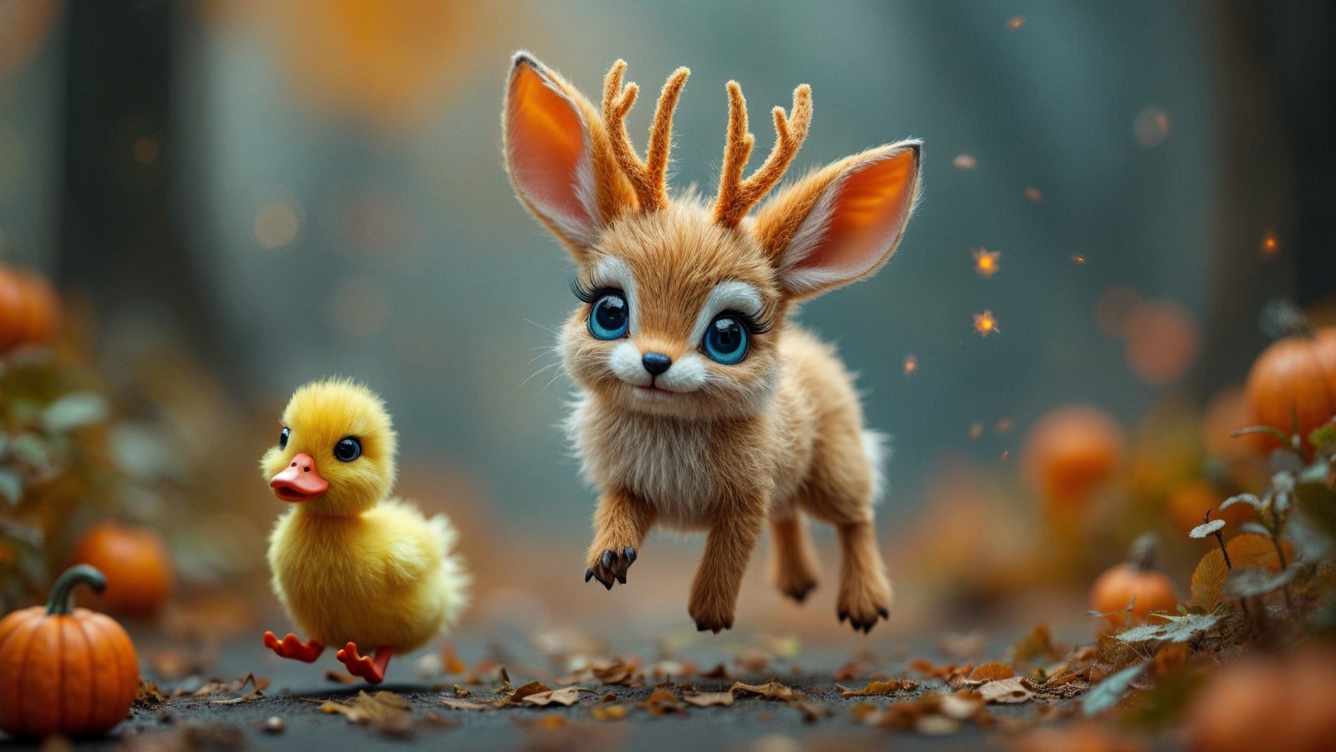 Cartoon Deer and Duckling in Magical Autumn Forest