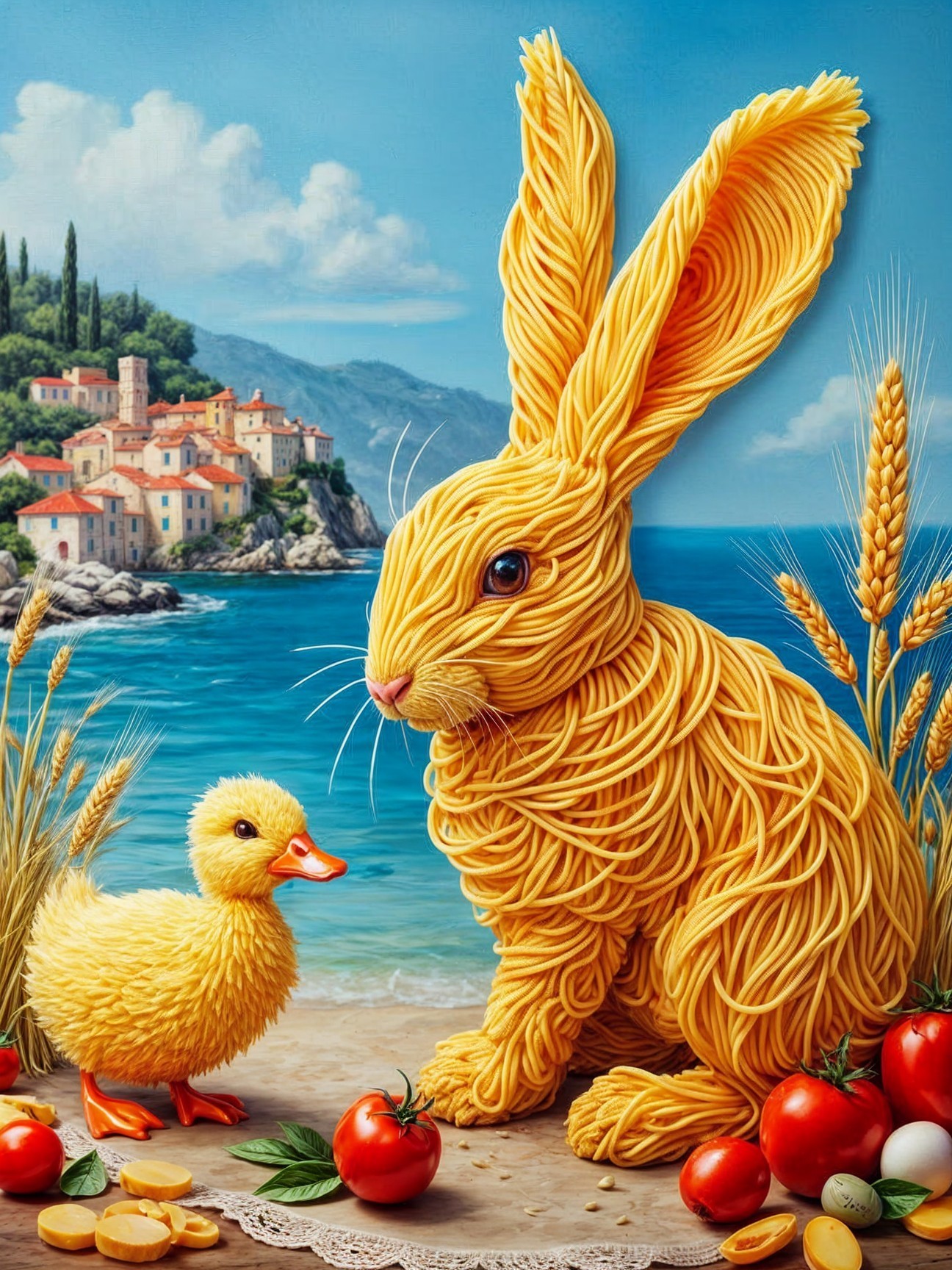 Whimsical Pasta Rabbit by Seaside with Duckling