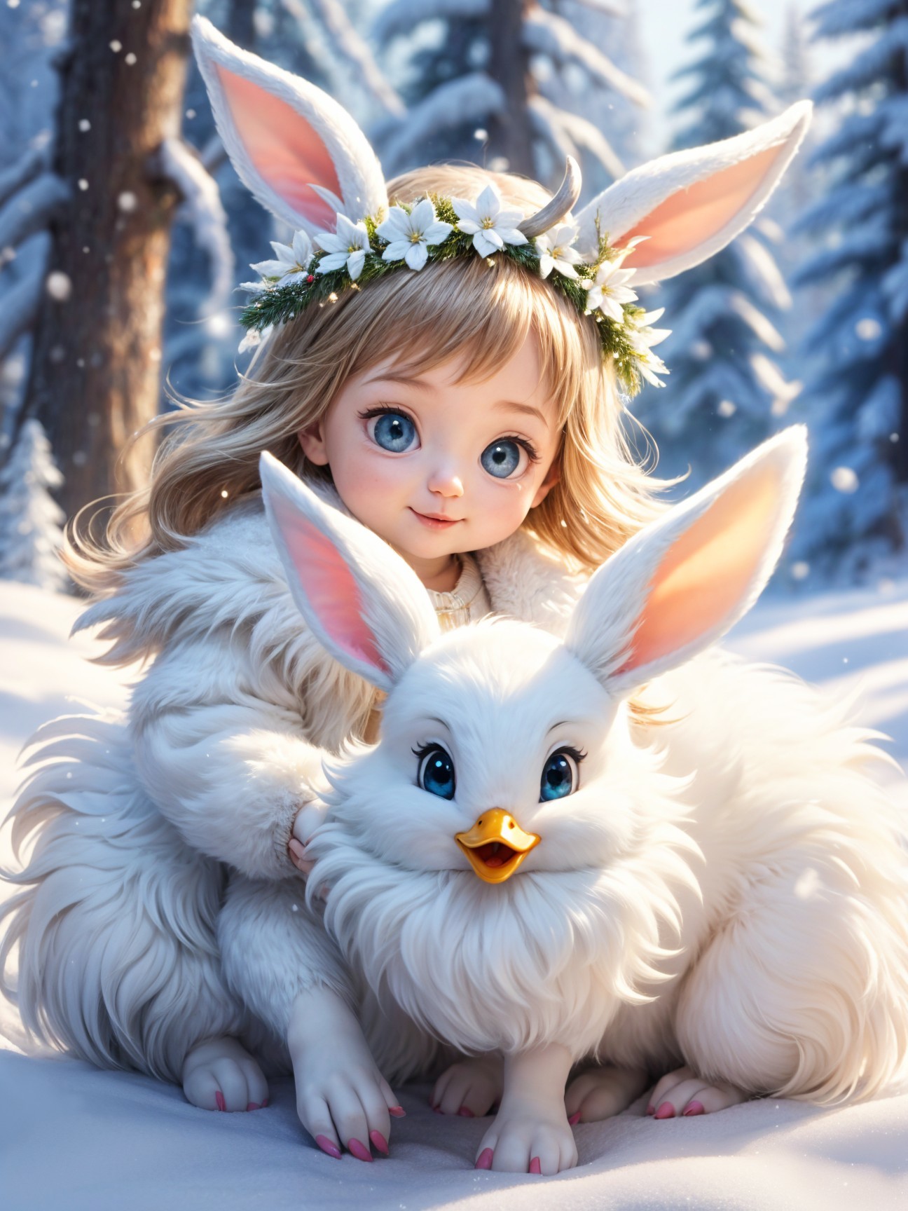 Whimsical Snowy Forest Scene with Enchanted Creatures