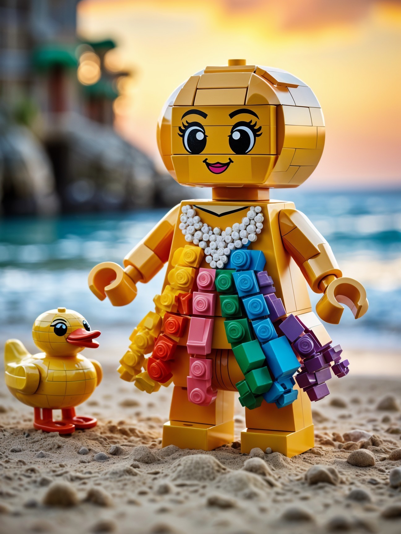 LEGO Figure and Rubber Duck on a Beach at Sunset