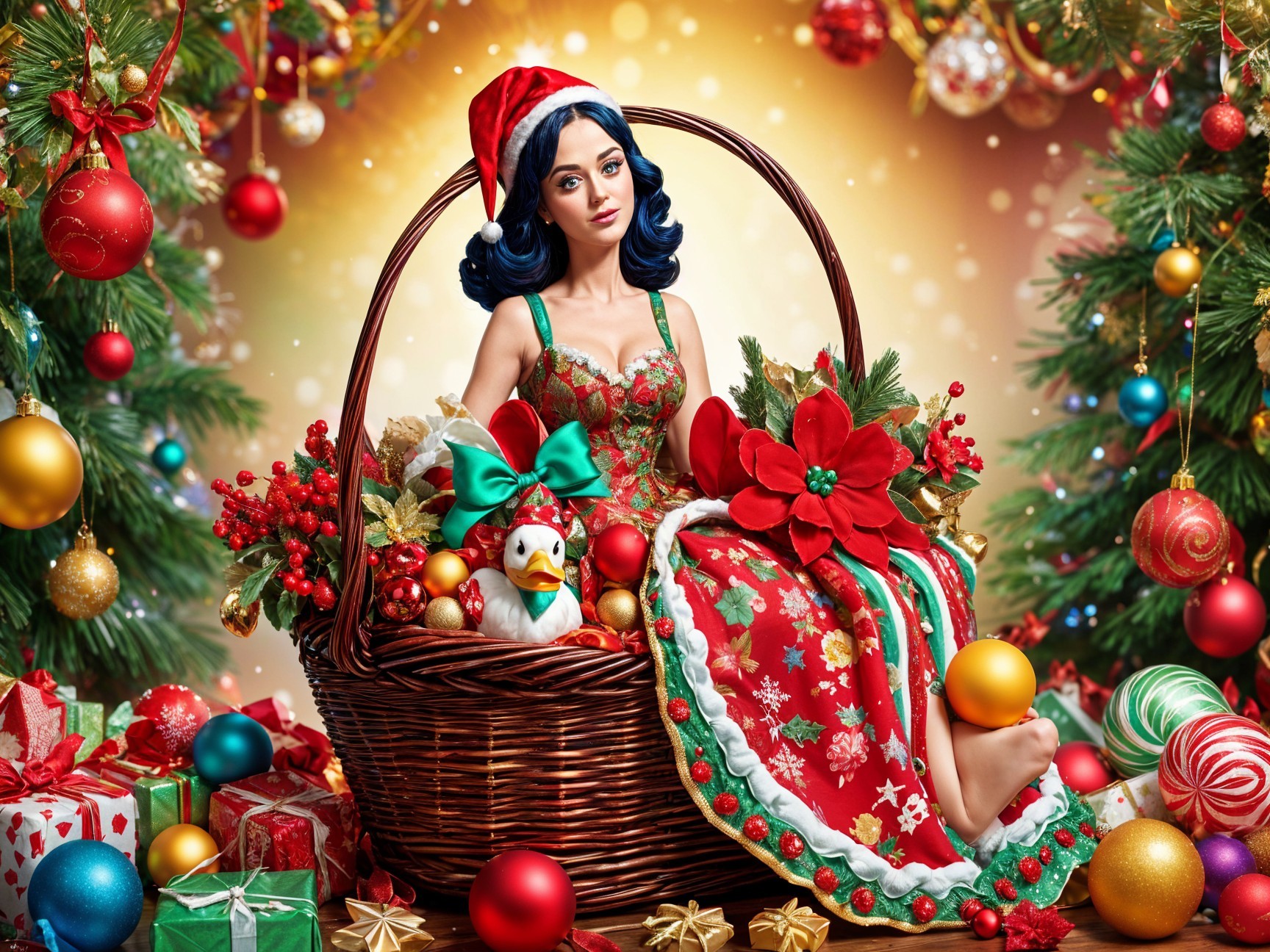 Festive Doll Scene with Holiday Decor and Plush Duck