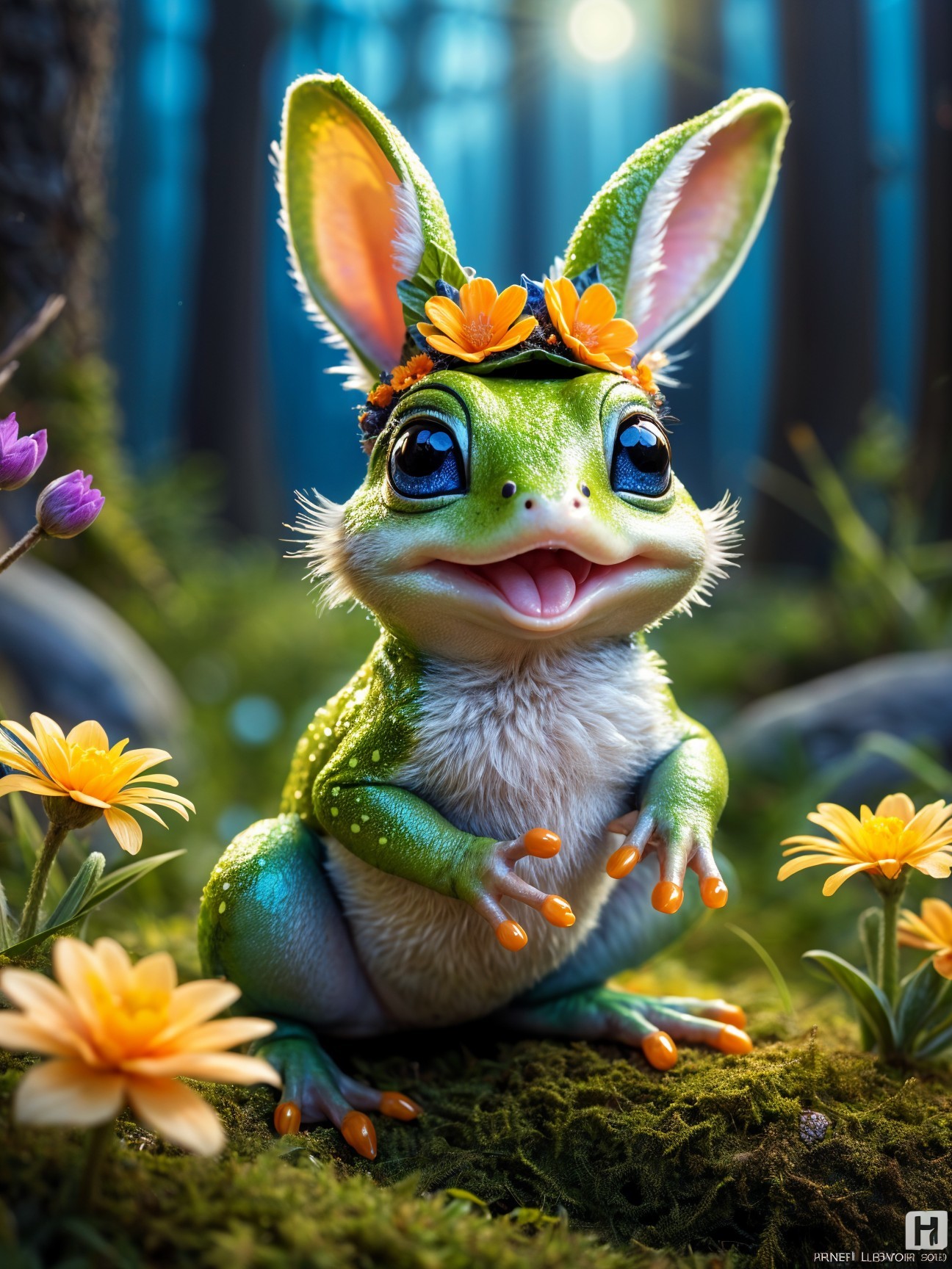 Cartoon Frog with Bunny Ears in Enchanted Forest