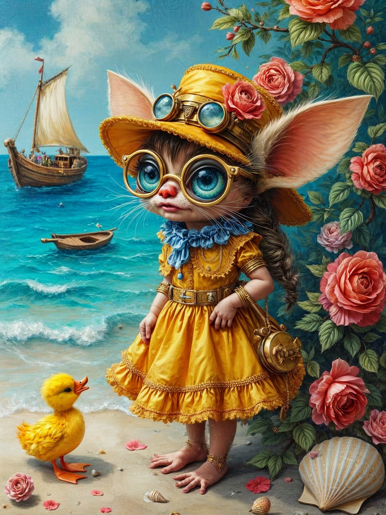 Whimsical creature on beach with duckling and ocean view