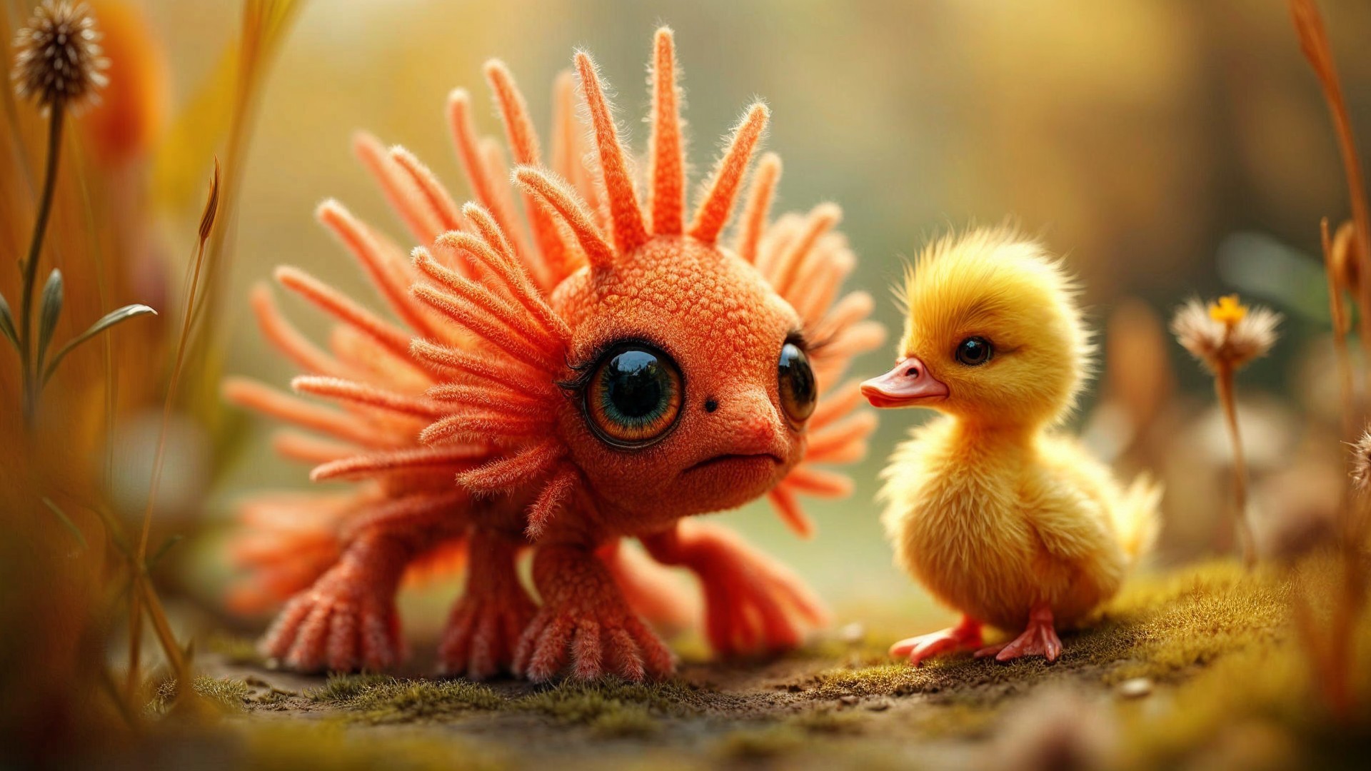 Whimsical Creature and Duckling in Enchanting Setting