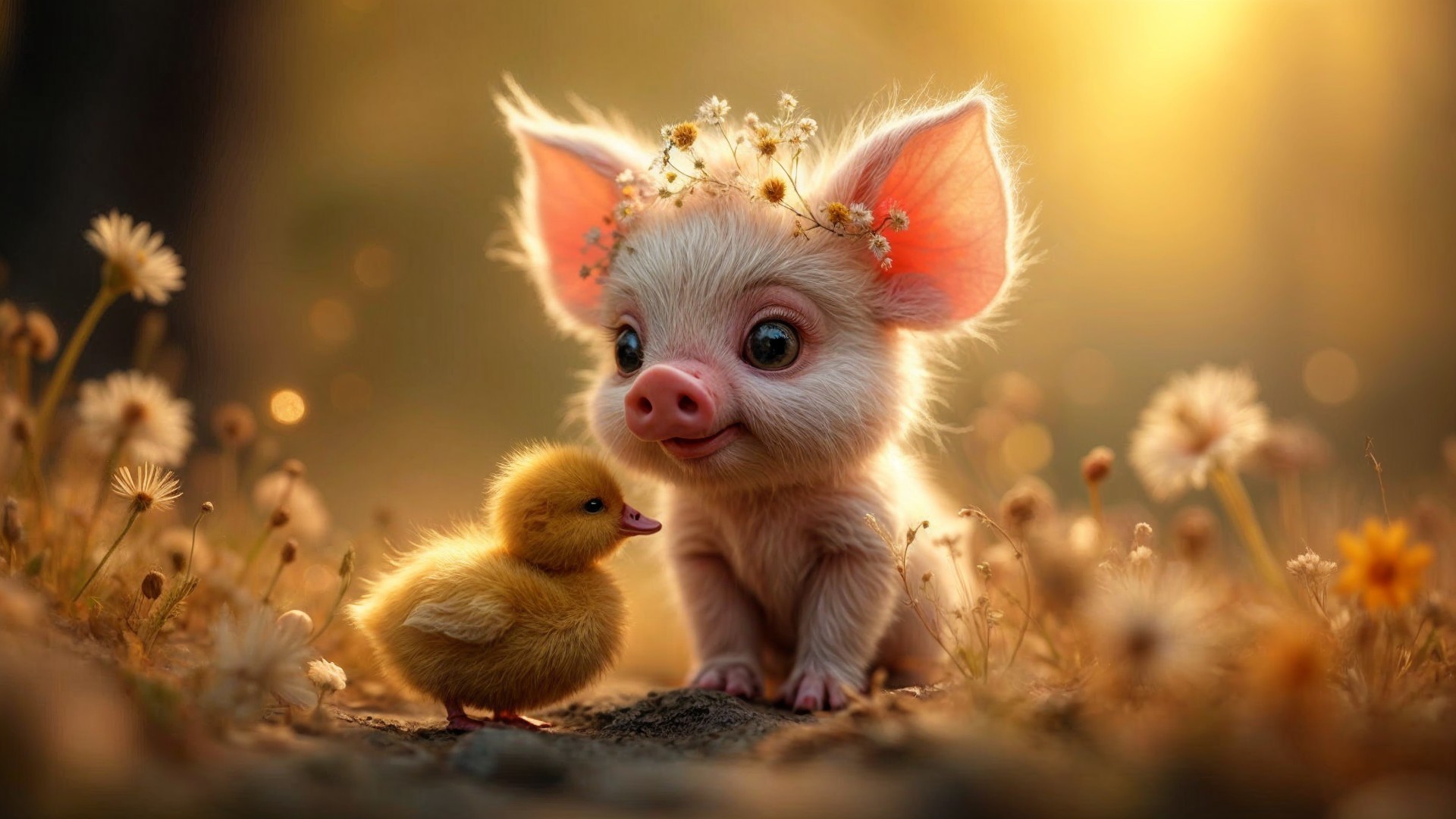 Piglet with Flower Crown and Duckling in Meadow